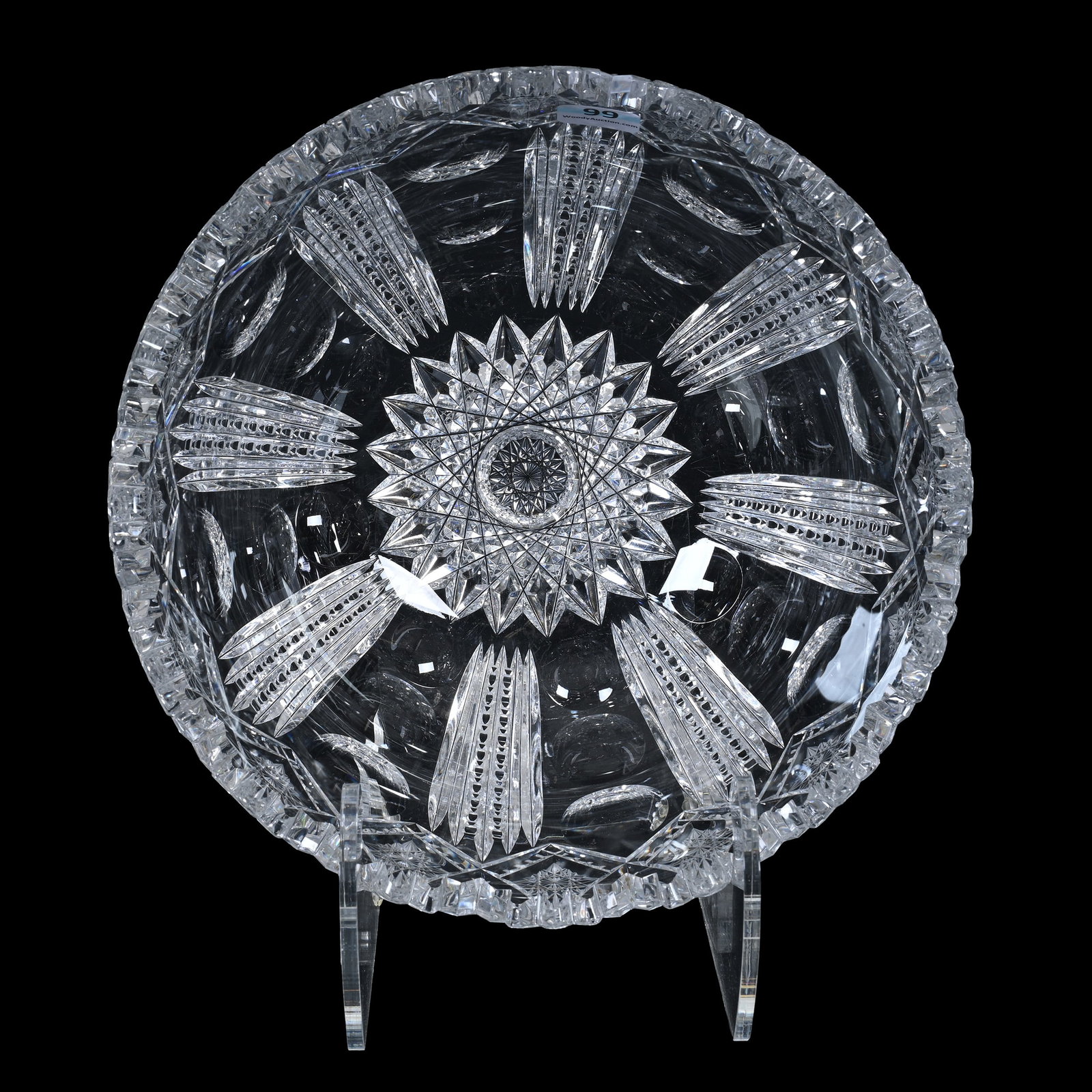 Bowl, American Brilliant Cut Glass: Bowl, American Brilliant Cut Glass, 4.5" x 9", Hobstar Center, Prism And Bullseye Alternating Panels, Hobstar Chain Border, Estate Of Jean & Ralph Borelli.