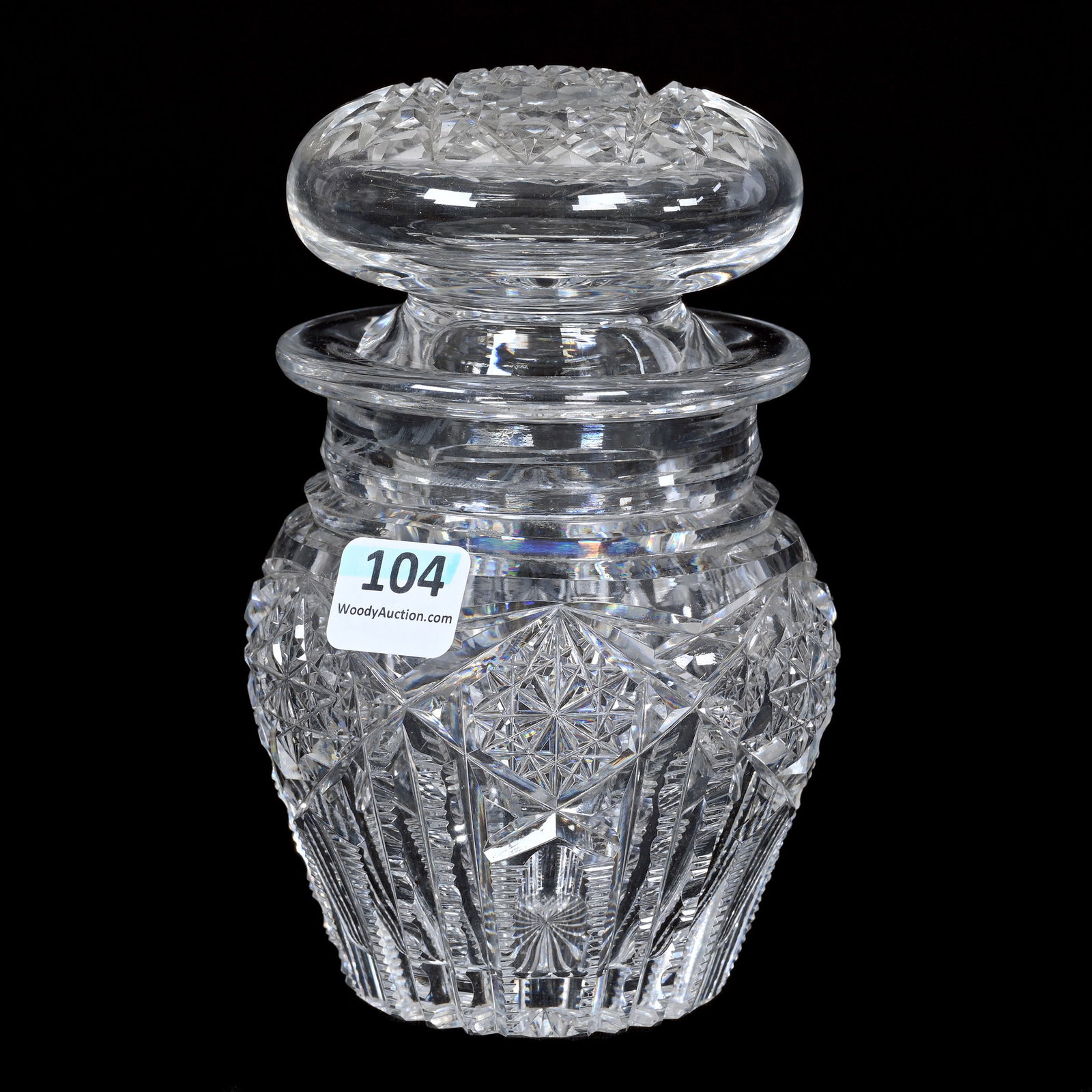 Cherry Jar, American Brilliant Cut Glass: Cherry Jar, American Brilliant Cut Glass, 5.75" x 3.5", Hobstar, Prism And Thumbprint Motif, Hobstar Cut Lid, Ray Cut Base, Estate Of Jean & Ralph Borelli.