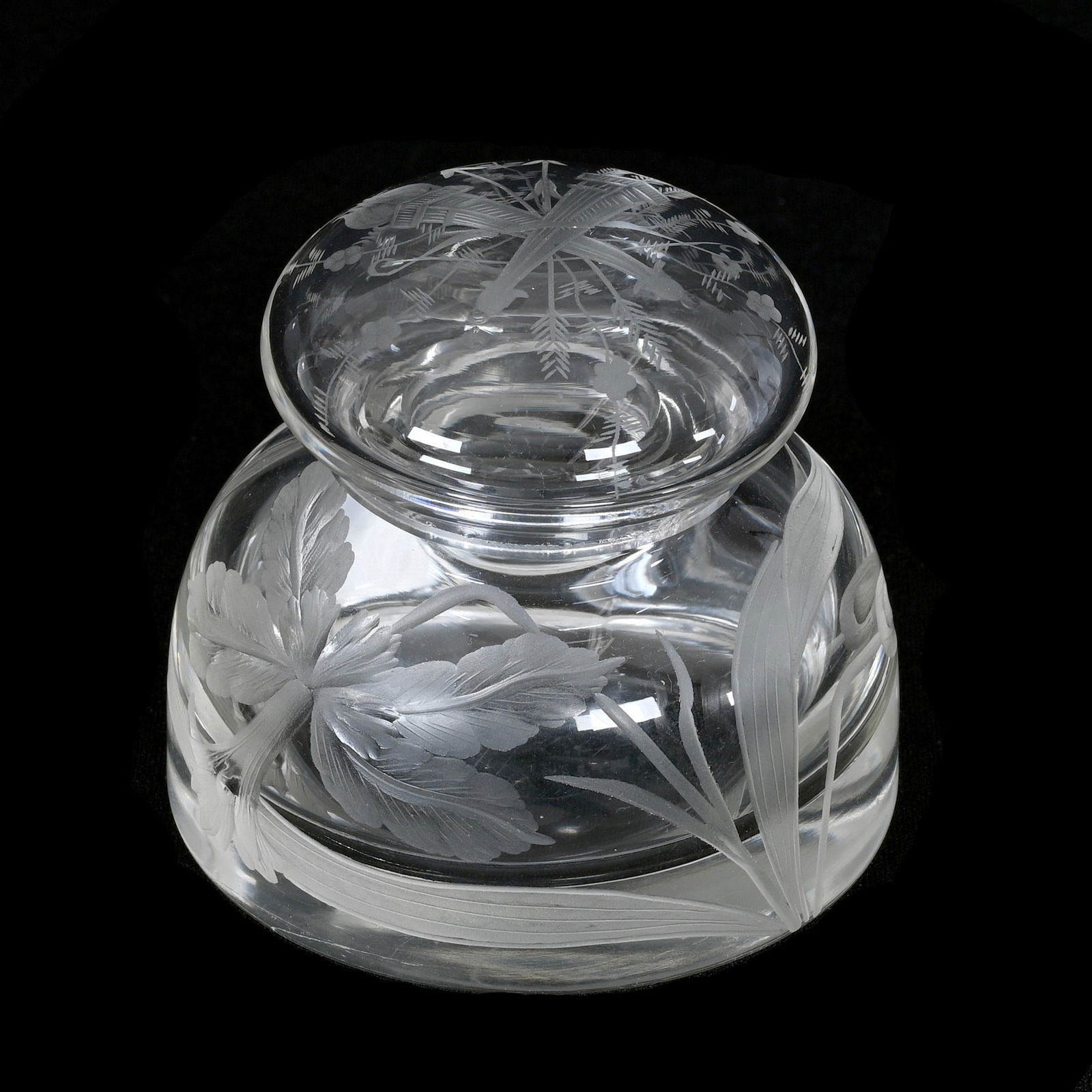 Covered Ink Well, BPCG: Covered Ink Well, Brilliant Period Cut Glass, 2.75" x 3.25", Engraved Orchid Decor, Engraved Torch, Bow, Arrow And Quiver Design On Lid, Estate Of Jean & Ralph Borelli.