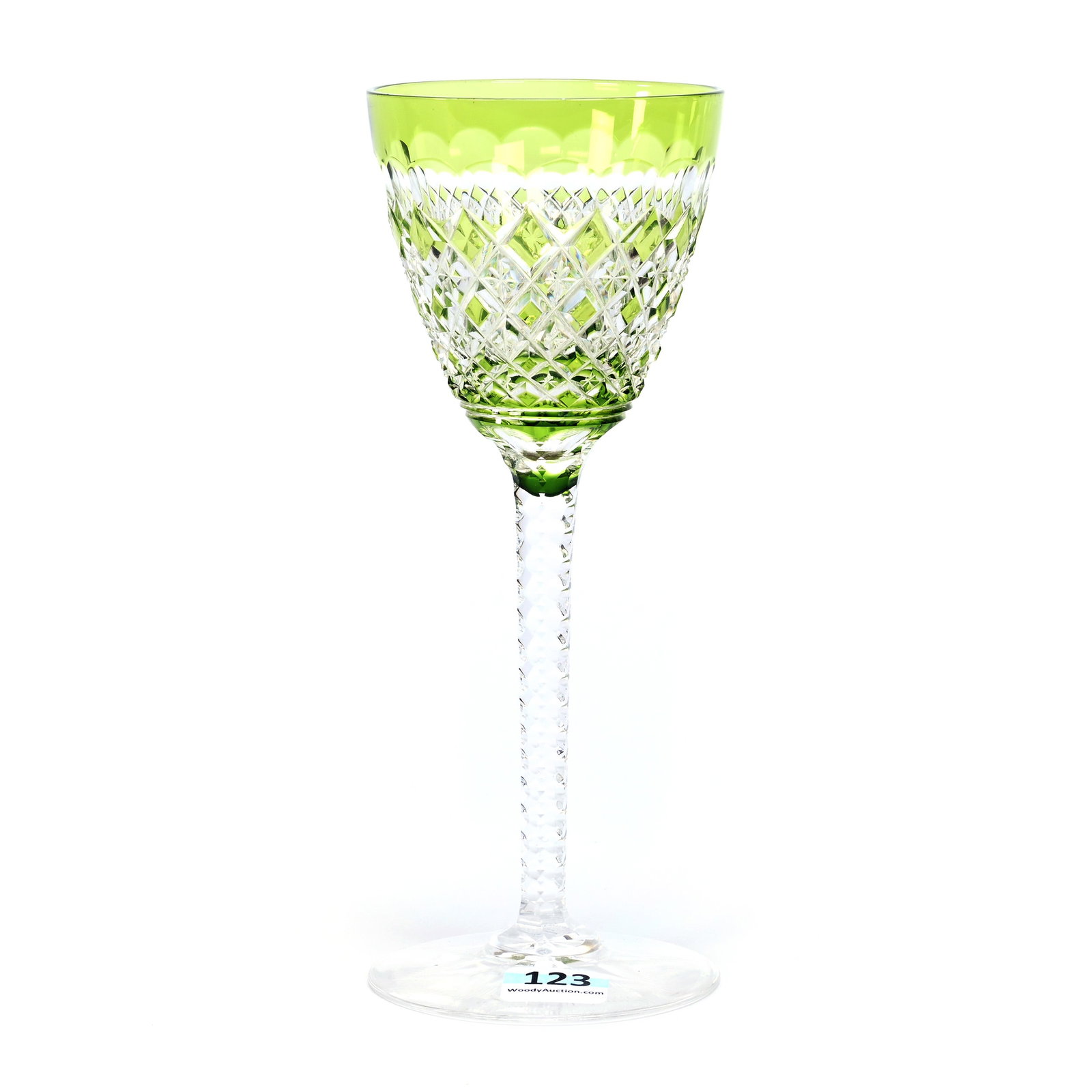 Wine Stem, BPCG, Green Cut To Clear: Wine Stem, Brilliant Period Cut Glass, Green Cut To Clear, 7.5" x 3", Carlton Pattern By Val St. Lambert, Circa 1925, Tiny Rim Nick, Estate Of Jean & Ralph Borelli.