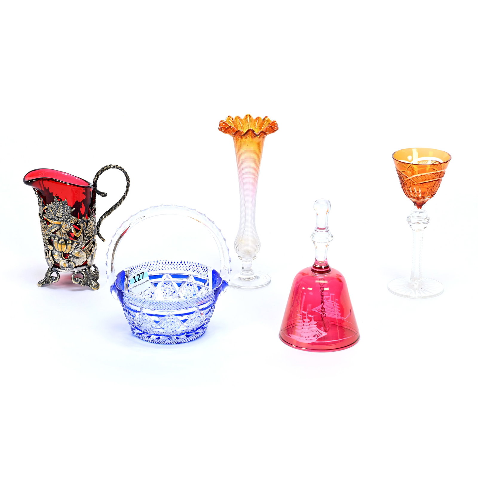 (5) Assorted Glass Items: (5) Assorted Glass Items, (1) 6.5" Apricot To Clear Art Glass Bud Vase, (1) 5.25" Wine Stem, Apricot Cut To Clear, (1) 4.75" x 4.25" Basket, Cobalt Blue Acropolis Pattern By Val St. Lambert, Circa 190