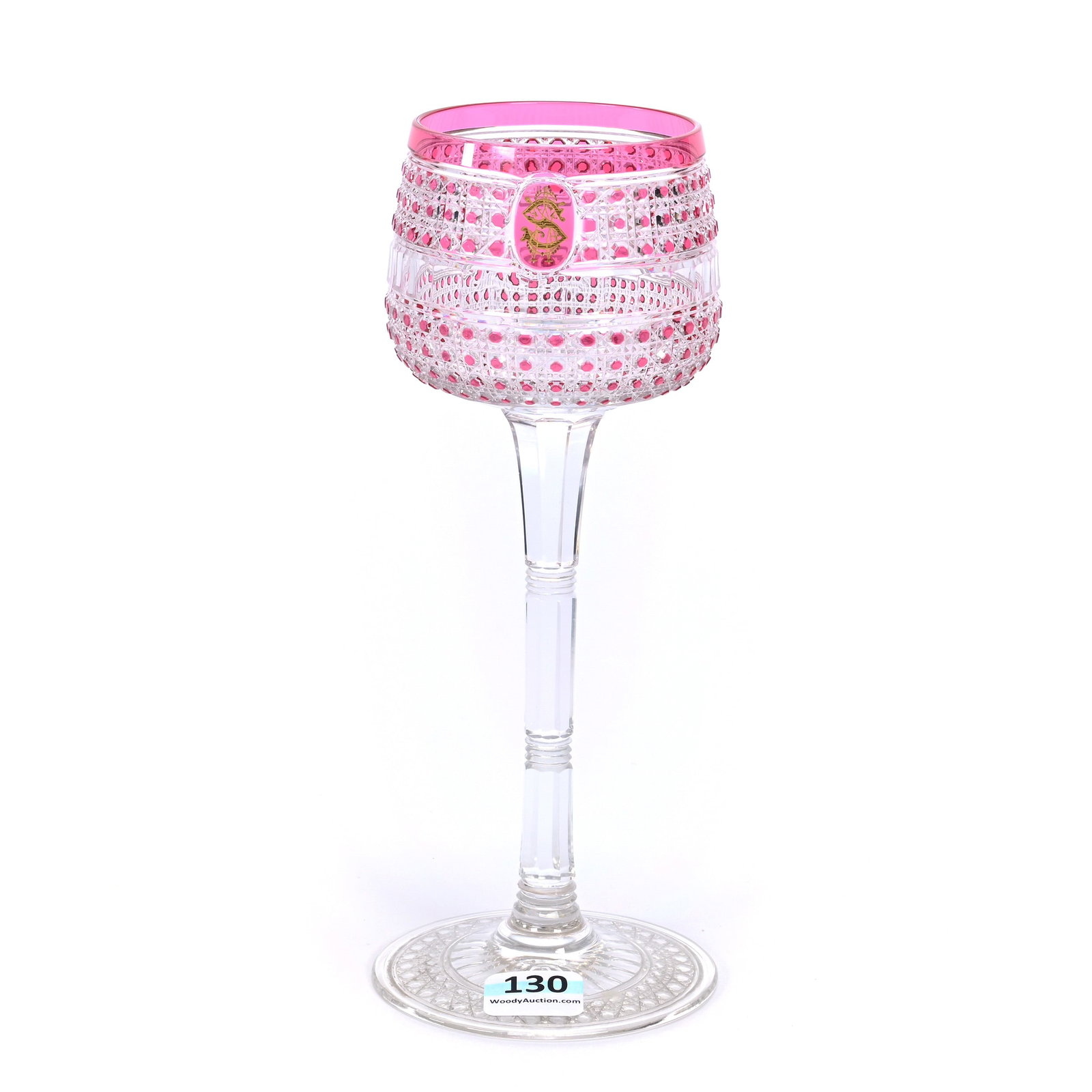 Wine Stem, BPCG, Cranberry Cut To Clear: Wine Stem, Brilliant Period Cut Glass, Cranberry Cut To Clear, 7.75" x 3", Cane Type Pattern With Oval Medallion Featuring Gilded Monogram, Estate Of Jean & Ralph Borelli.