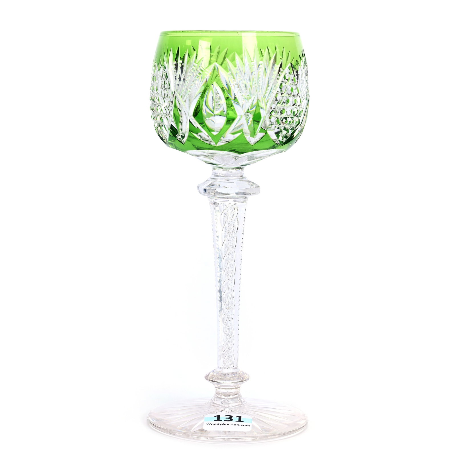 Wine Stem, BPCG, Green Cut To Clear: Wine Stem, Brilliant Period Cut Glass, Green Cut To Clear, 7.25" x 3", Nailhead Diamond, Notched Fan And Miter Motif, Air Twist Stem, Ray Cut Foot, Estate Of Jean & Ralph Borelli.