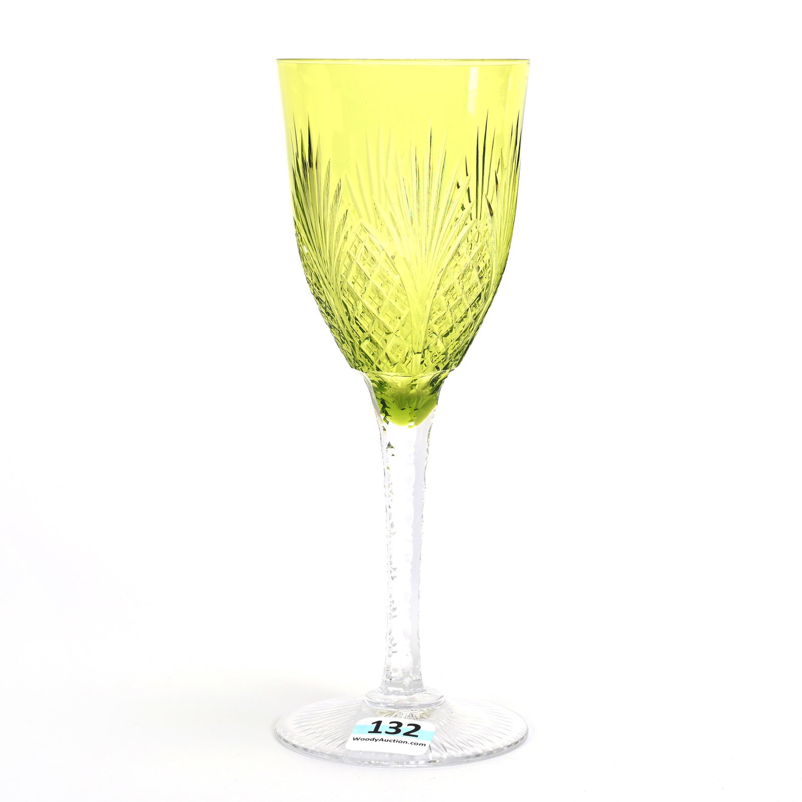 Wine Stem, BPCG, Green Bowl: Wine Stem, Brilliant Period Cut Glass, Green Bowl, 7.25" x 2.75", Clear Notched Stem, Ray Cut Foot, Crossed Diamond And Arched Fan Motif, Estate Of Jean & Ralph Borelli.