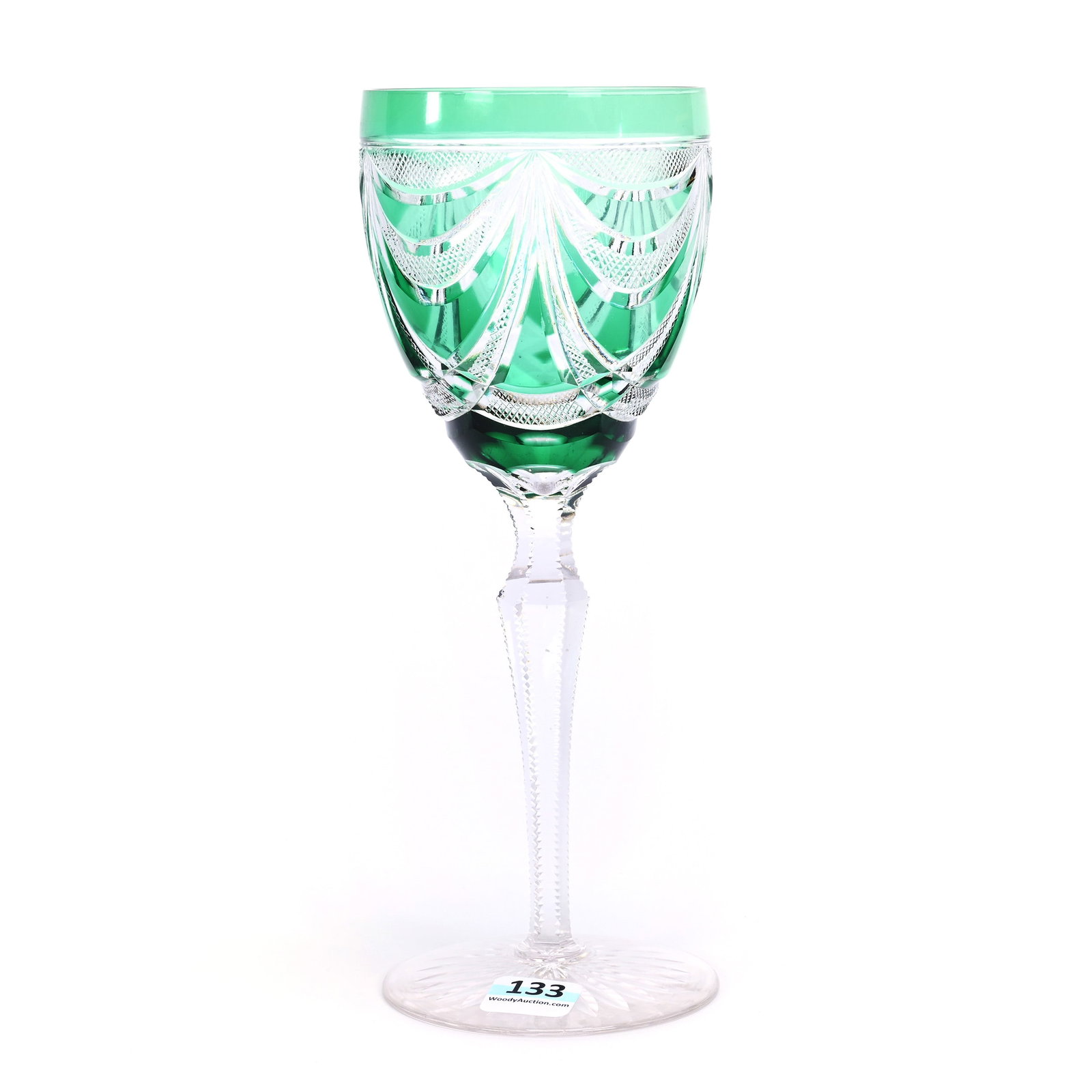 Wine Stem, BPCG, Green Cut To Clear: Wine Stem, Brilliant Period Cut Glass, Green Cut To Clear, 8.75" x 3.25", Epstein Pattern, Attributed To Baccarat, Estate Of Jean & Ralph Borelli.