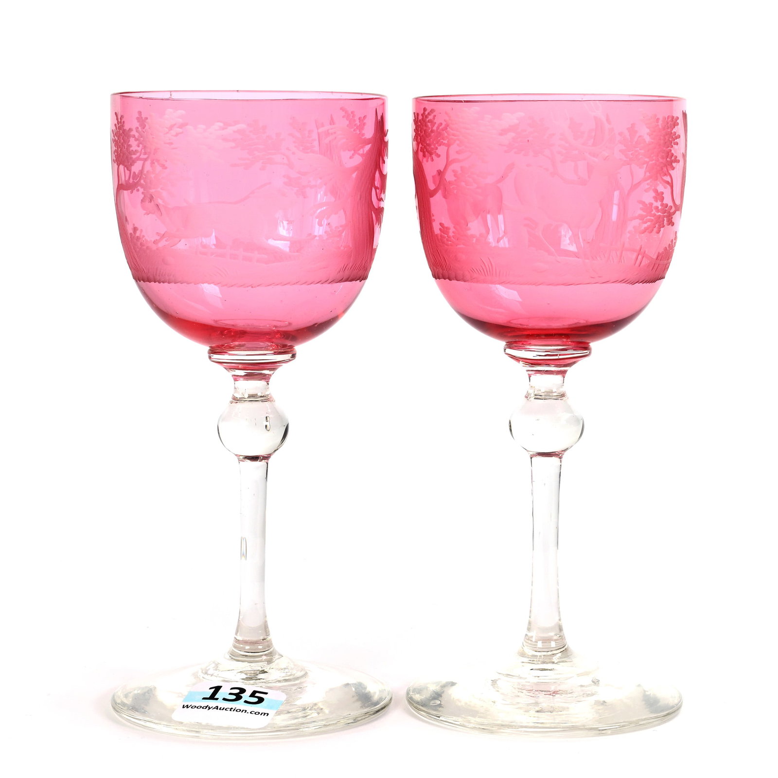 (2) Wine Stems, BPCG, Cased Cranberry Bowl: (2) Wine Stems, Brilliant Period Cut Glass, Cased Cranberry Bowl, 5.5" x 2.5", Engraved Dog & Forest Scenic Decor, Clear Stem And Foot, Estate Of Jean & Ralph Borelli.