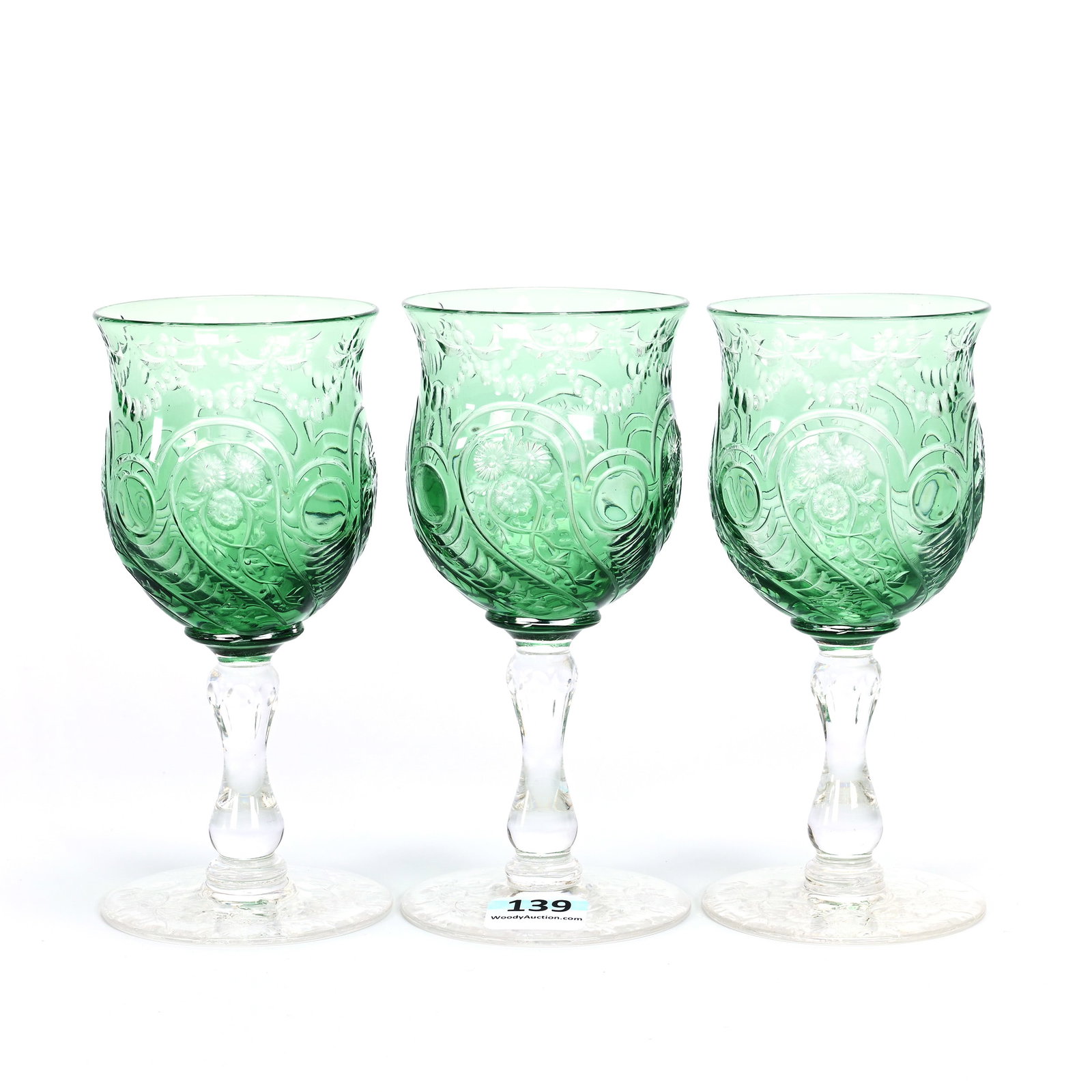 (3) Wine Stems, BPCG, Green Cut To Clear: (3) Wine Stems, Brilliant Period Cut Glass, Green Cut To Clear, 5.5" x 2.5", Engraved Floral Garland And Rococo Design In Style Of Webb, Estate Of Jean & Ralph Borelli.