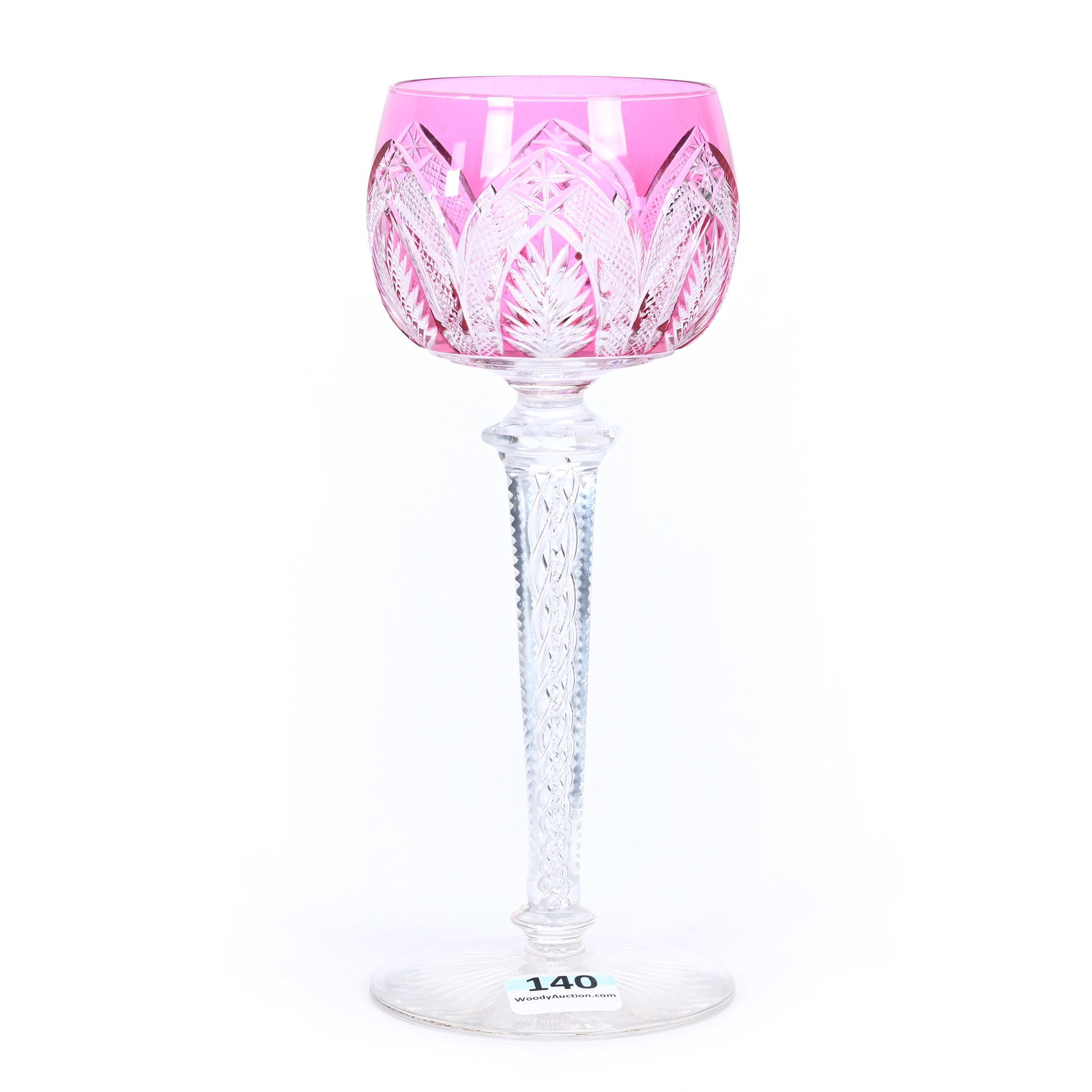 Wine Stem, BPCG, Cranberry Cut To Clear: Wine Stem, Brilliant Period Cut Glass, Cranberry Cut To Clear, 7.25" x 2.75", Arches Of Strawberry Diamond, Feather And Star Motif, Air Trap Stem, Ray Cut Foot, Estate Of Jean & Ralph Borelli.