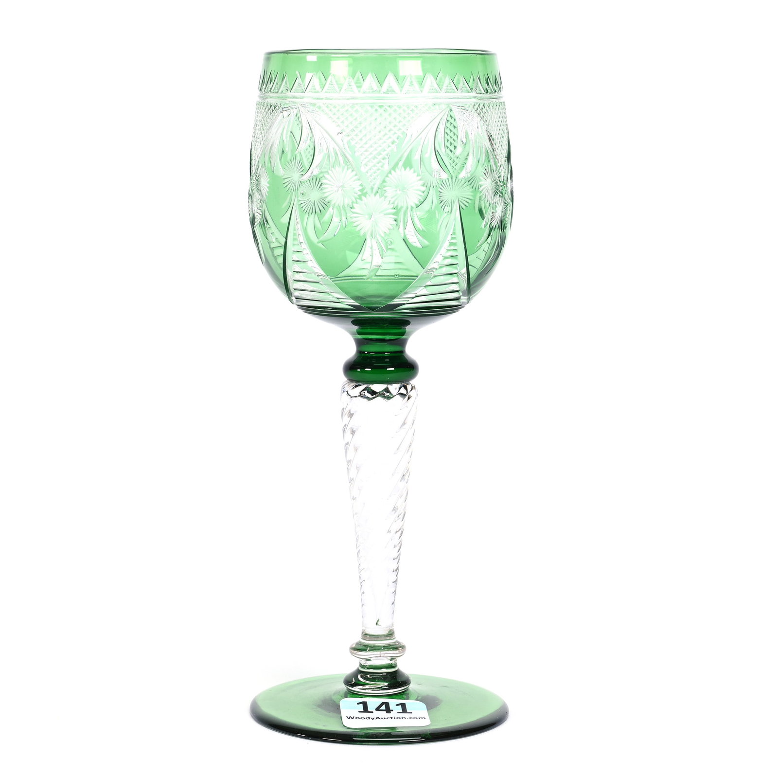 Wine Stem, BPCG, Green Cut To Clear: Wine Stem, Brilliant Period Cut Glass, Green Cut To Clear, 6.75" x 2.5", Engraved Floral Motif, Twist Stem, Uncut Colored Foot, Estate Of Jean & Ralph Borelli.