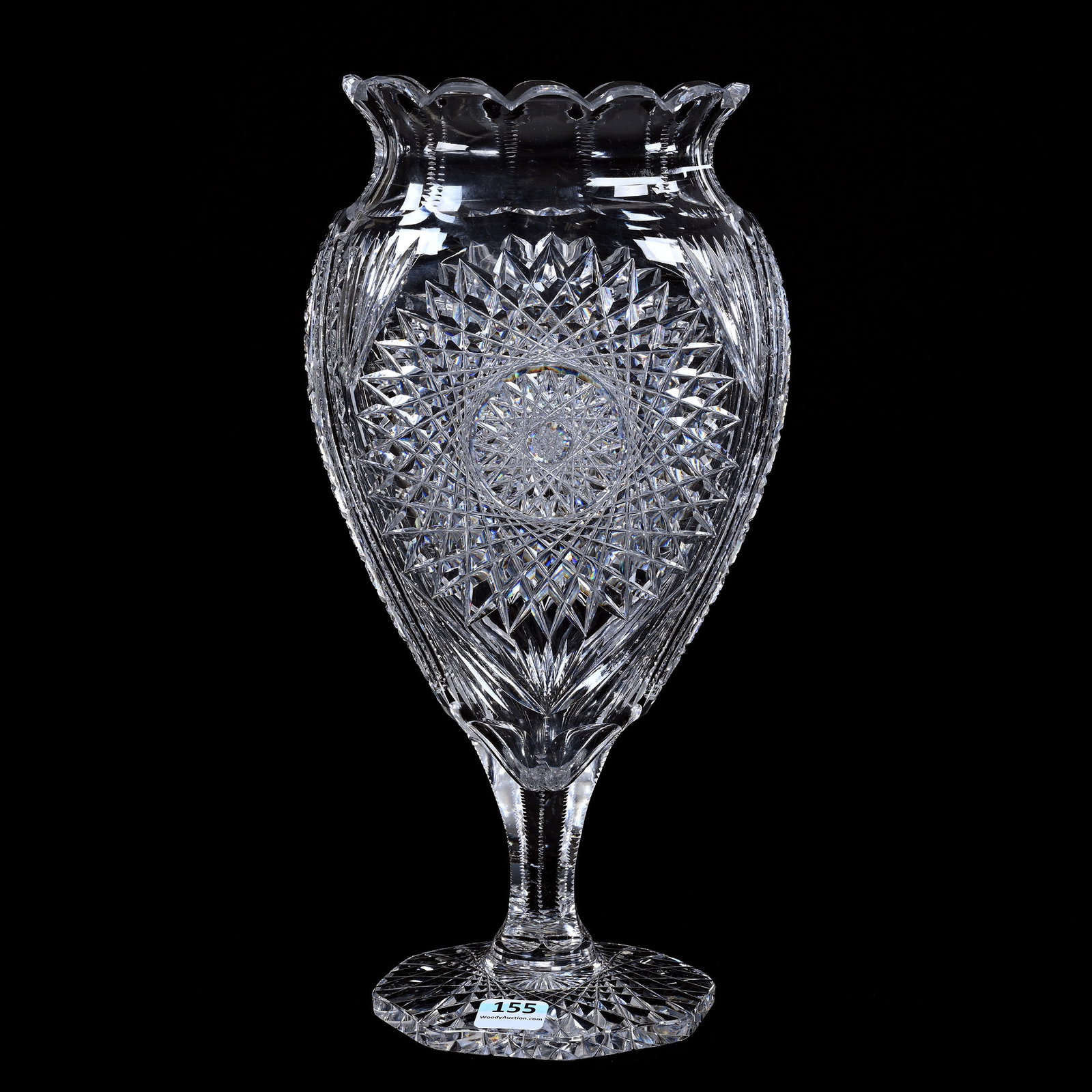 Vase, American Brilliant Cut Glass: Vase, American Brilliant Cut Glass, 12" x 6.25" x 4.25", Large Hobstar With Star Button, Prism And Fan Highlights, Hobstar Eight-Sided Foot, Some Light Pattern Nicks, Estate Of Jean & Ralph Borelli.
