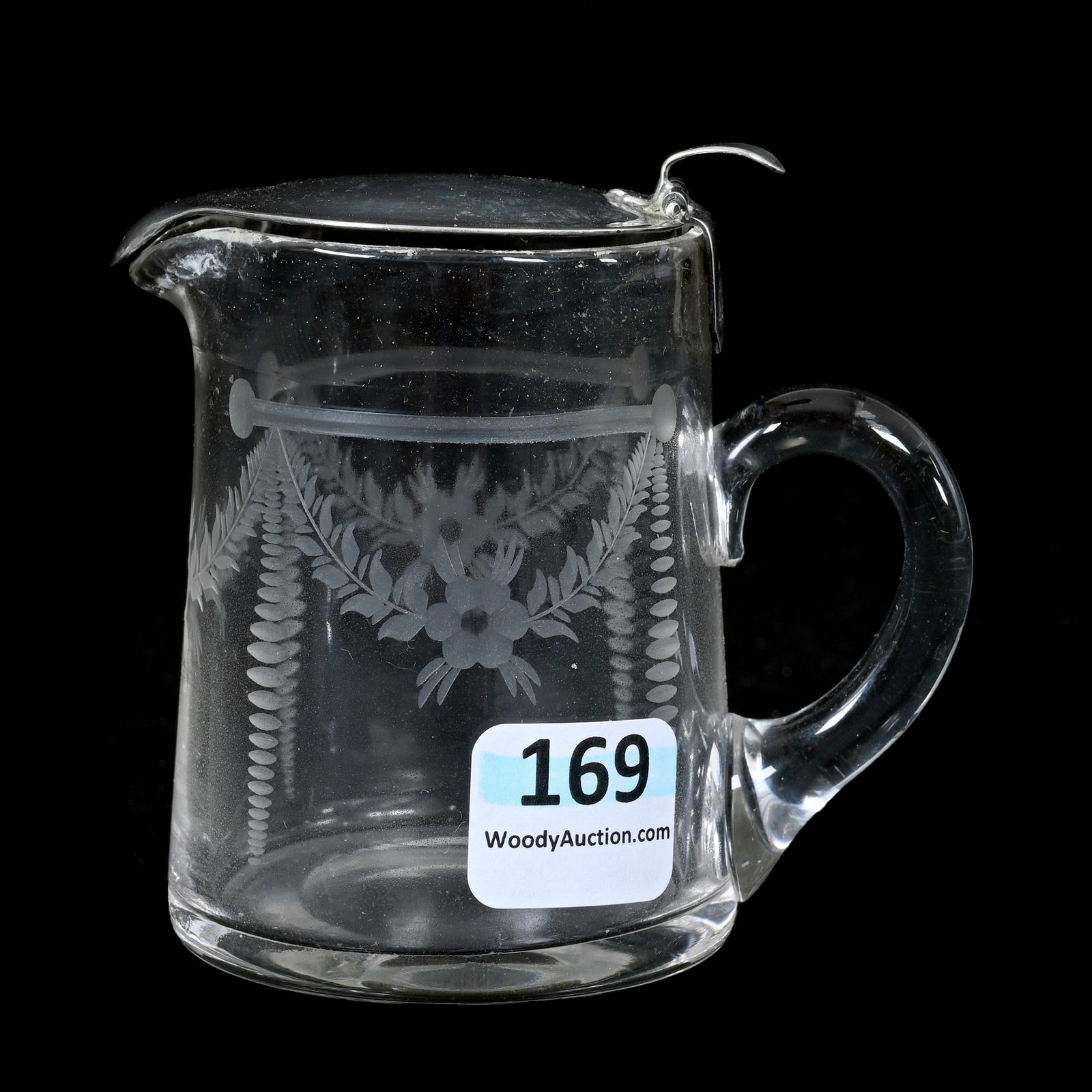 Creamer, ABCG, Signed Hawkes: Creamer, American Brilliant Cut Glass, Signed Hawkes, 3" x 3.25", Lightly Engraved Floral Garland Motif, Signed Hawkes #2266 Sterling Flip Lid, Estate Of Jean & Ralph Borelli.