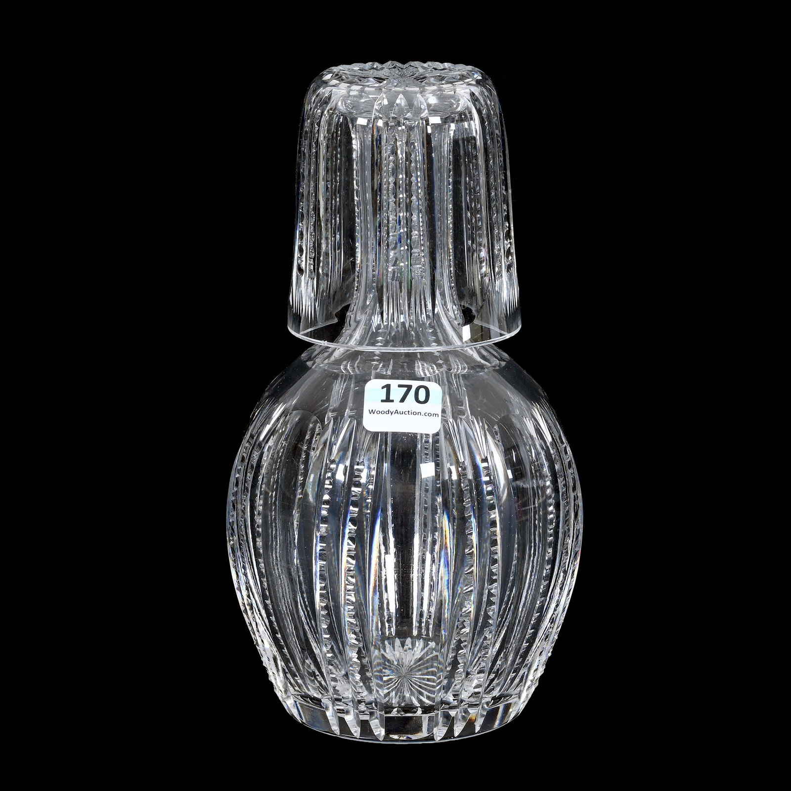 Tumble-Up, American Brilliant Cut Glass: Tumble-Up, American Brilliant Cut Glass, 7.75" x 4.25", Alternating Prism And Panel Pattern, Tumbler Is A Good Fit, But Wrong Length, Does Not Touch Carafe, Estate Of Jean & Ralph Borelli.