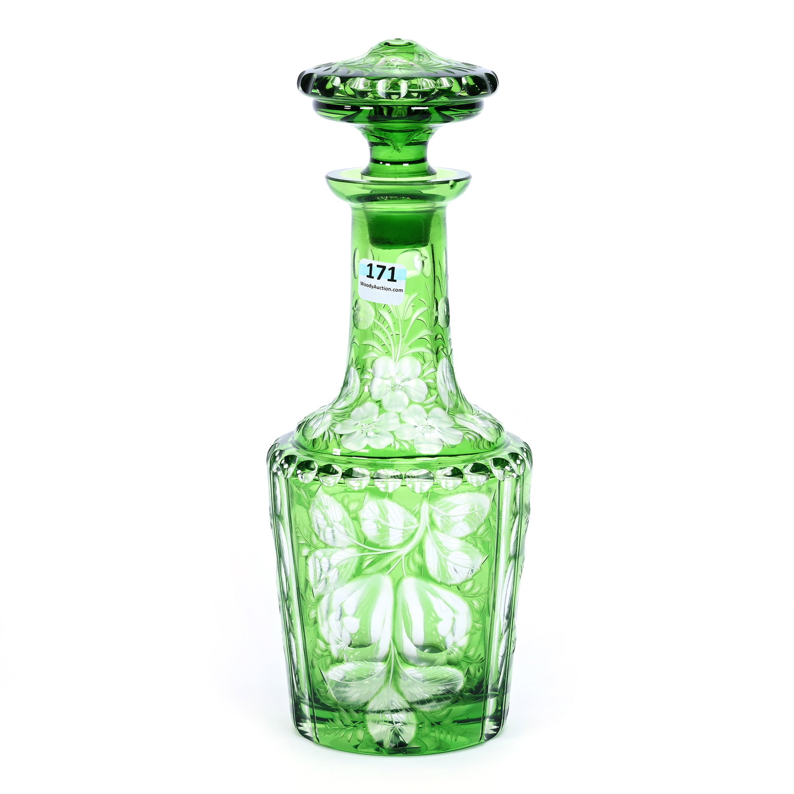 Decanter, Cut Glass, Green Cut To Clear: Decanter, Cut Glass, Green Cut To Clear, 11.75" x 4.5", Engraved Fruit Decor, Pattern Engraved Stopper, Ray Cut Base, Rim Chip, Estate Of Jean & Ralph Borelli.