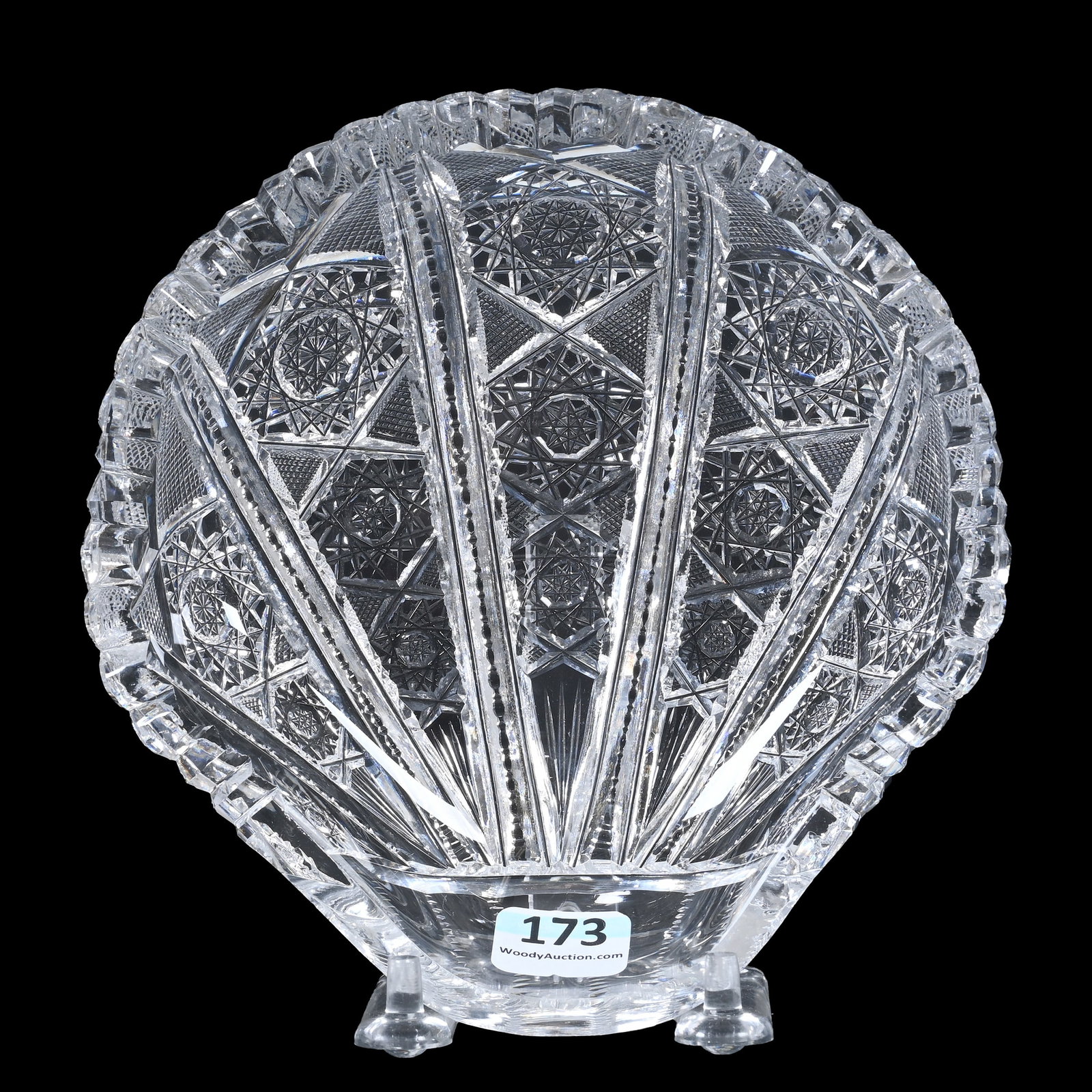 Dish, Shell Shape, American Brilliant Cut Glass: Dish, Shell Shape, American Brilliant Cut Glass, 6" x 5.75", Hobstar, Strawberry Diamond, Prism And Fan Motif, Clear Blank, Estate Of Jean & Ralph Borelli.