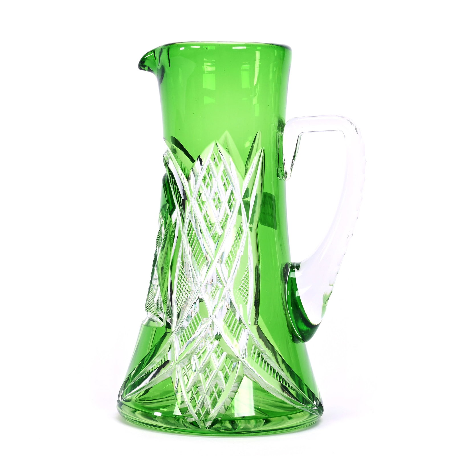 Pitcher, American Brilliant Cut Glass, Green Cut To Clear: Pitcher, American Brilliant Cut Glass, Green Cut To Clear, 7.5" x 4.75", Hobstar, Vesica, Crosscut Diamond Motif, In Style Of Val St. Lambert, Ray Cut Base, Estate Of Jean & Ralph Borelli.
