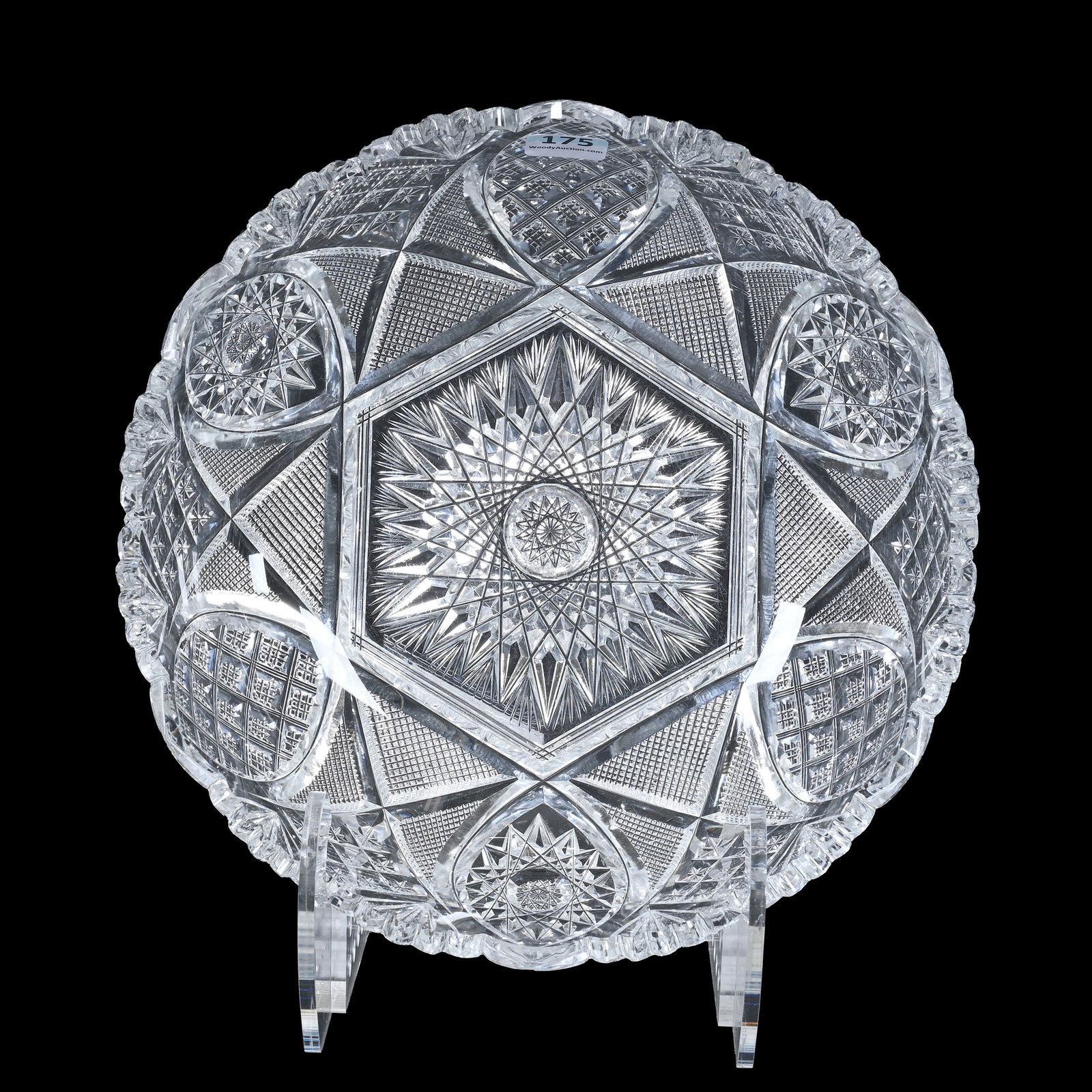 Bowl, American Brilliant Cut Glass: Bowl, American Brilliant Cut Glass, 3.25" x 9.25", Six Sections Of Hobstar, Vesica, Strawberry Diamond, Star Diamond, Crosscut Diamond And Fan Motif, Flashed Hobstar Center, One Pattern Chip, Warren &