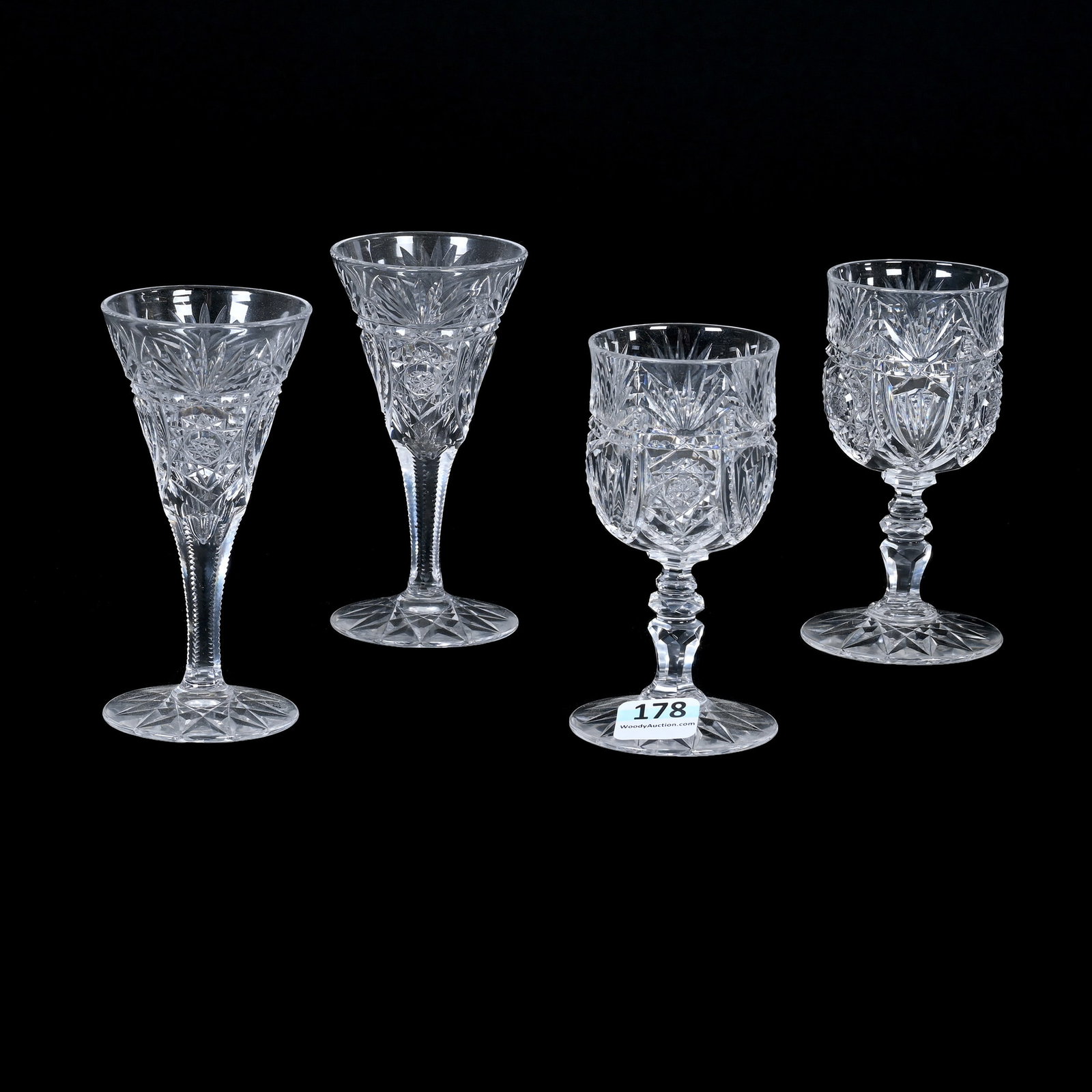 (4) Wine & Sherry Stems, ABCG, Majestic By Straus: (4) Wine & Sherry Stems, American Brilliant Cut Glass, Majestic By Straus, (2) 4.5" Sherry, (2) 4.25" Wine Stems, All Have Hobstar Foot, Warren & Teddie Biden Collection.