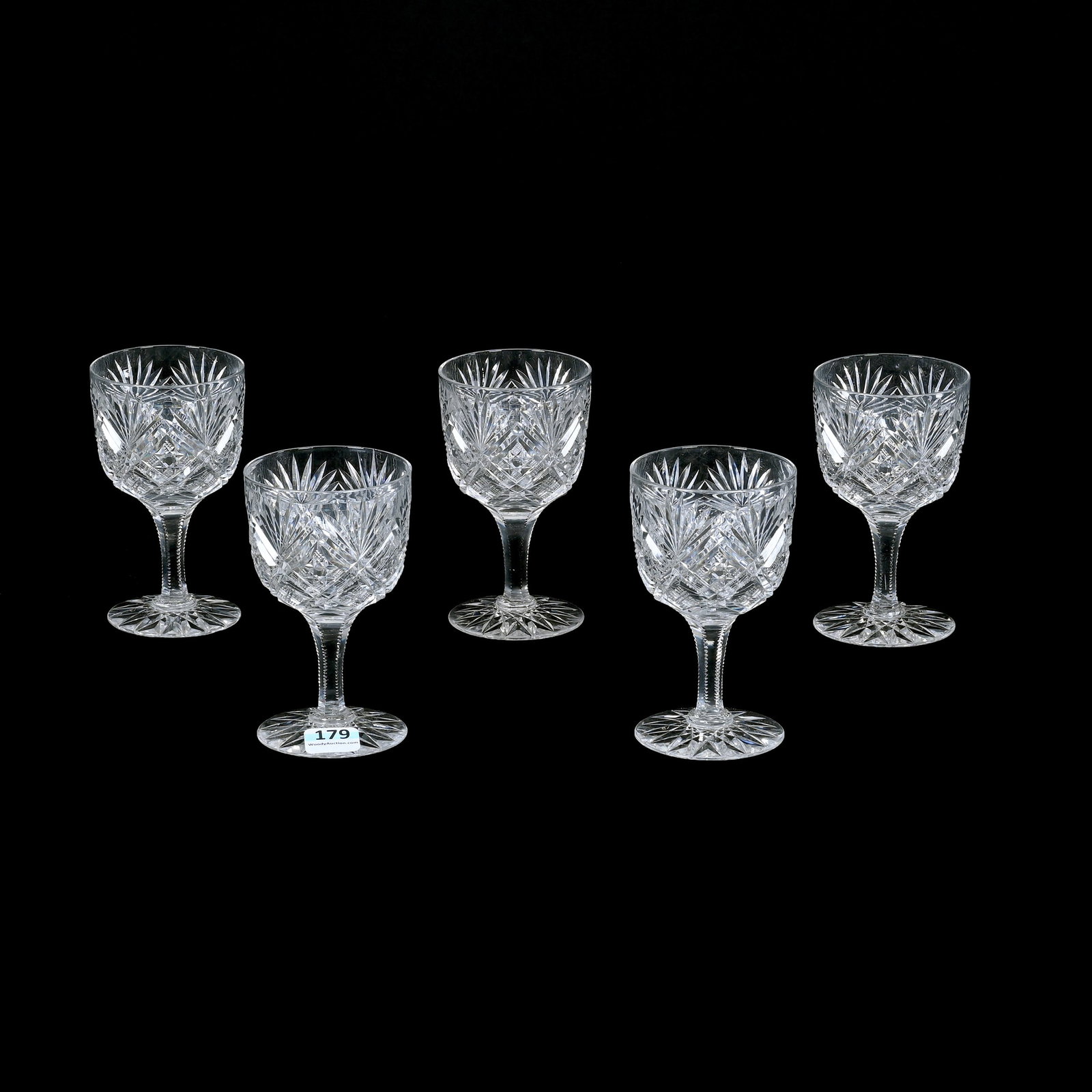 (5) Wine Stems, ABCG, Belmont By Dorflinger: (5) Wine Stems, American Brilliant Cut Glass, Belmont By Dorflinger, 4.5" x 2.5", Notched Stem, Hobstar Foot, All Have Original Rim, Some Height Variation, Warren & Teddie Biden Collection.