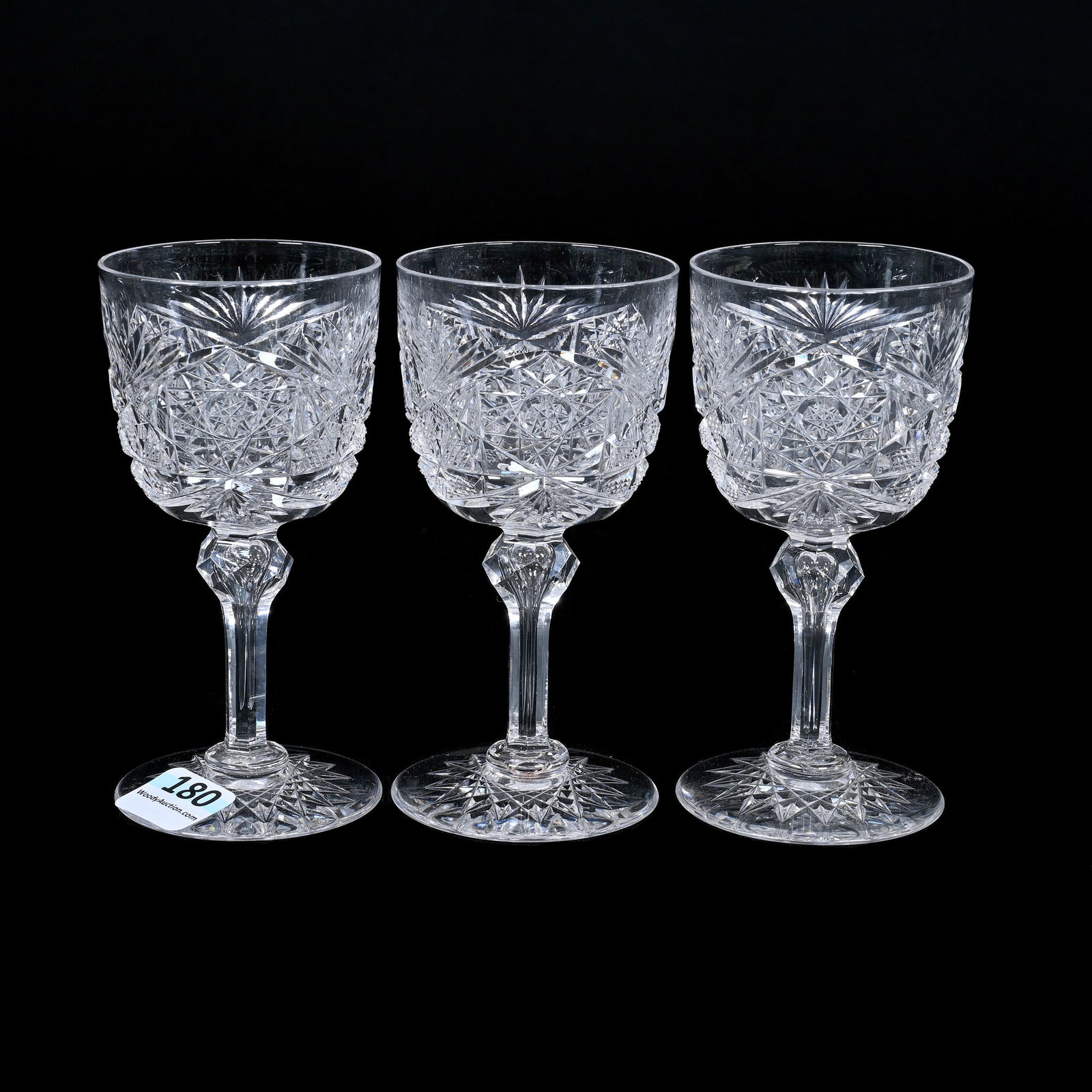 (3) Wine Stems, ABCG, Champion By J. Hoare: (3) Wine Stems, American Brilliant Cut Glass, Champion By J. Hoare, 4.5" x 2.25", Hobstar Foot, Warren & Teddie Biden Collection.