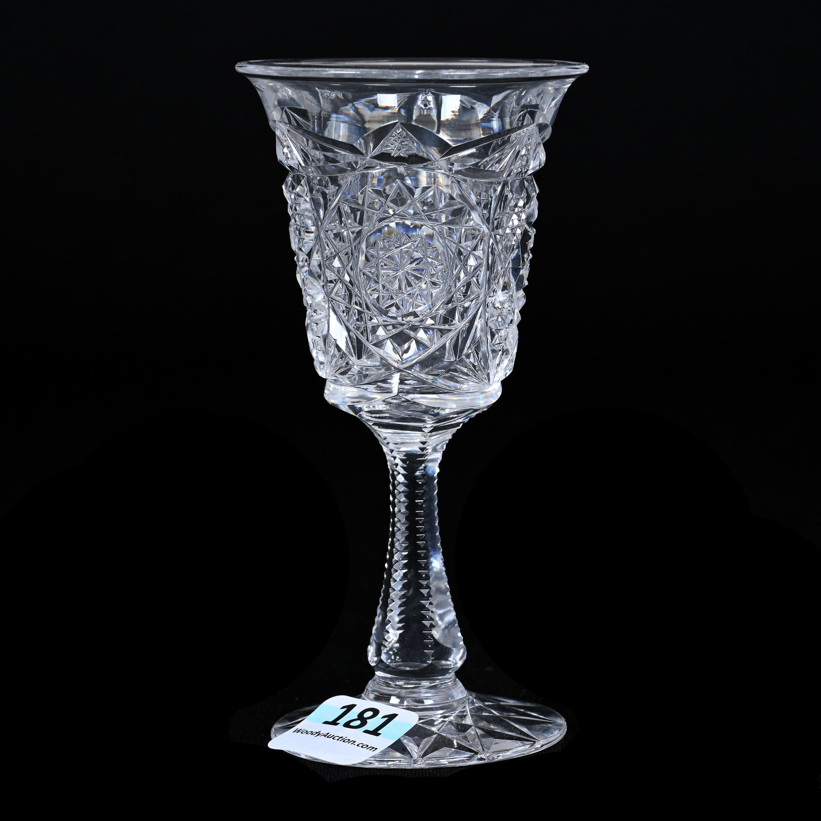 Wine Stem, ABCG, Goldenrod Pattern By Straus: Wine Stem, American Brilliant Cut Glass, Goldenrod Pattern By Straus, 4.25" x 2.25", Hobstar Foot, Bell Shaped Bowl, Warren & Teddie Biden Collection.