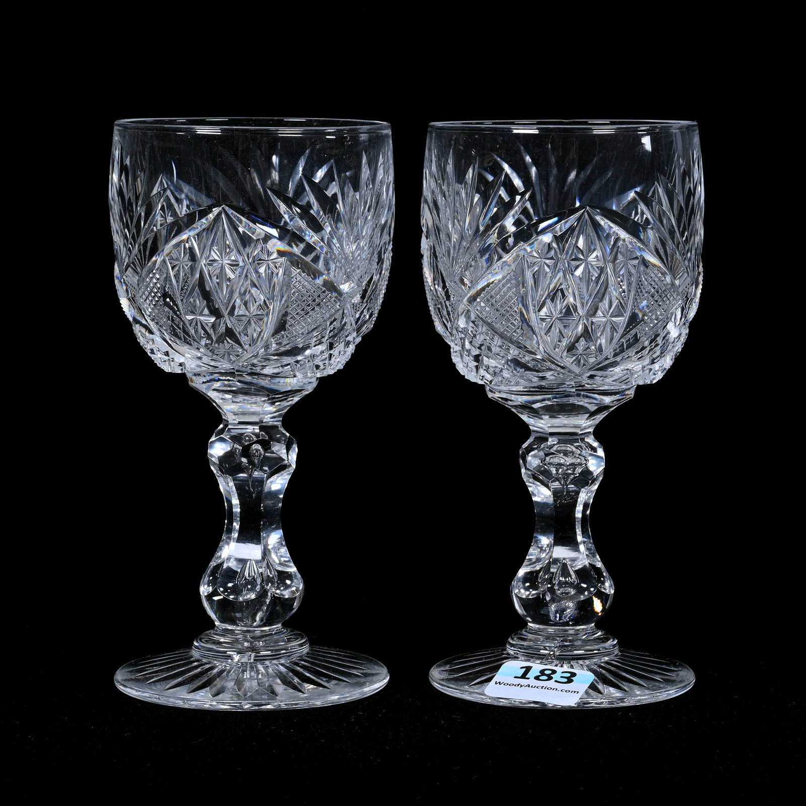 Pair Wine Stems, American Brilliant Cut Glass: Pair Wine Stems, American Brilliant Cut Glass, 5.25" x 2.5", Unidentified Libbey Pattern On Libbey Blank #250, Double Teardrop Stem, Ray Cut Foot, Warren & Teddie Biden Collection.