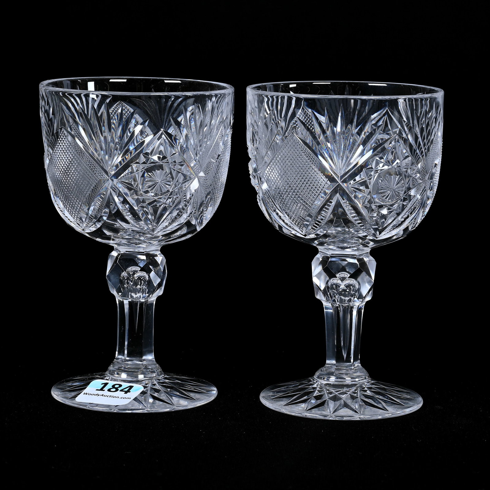 Pair Wine Stems, ABCG, Imperial Pattern By Straus: Pair Wine Stems, American Brilliant Cut Glass, Imperial Pattern By Straus, 4.75" x 3", Hobstar Foot, Warren & Teddie Biden Collection.