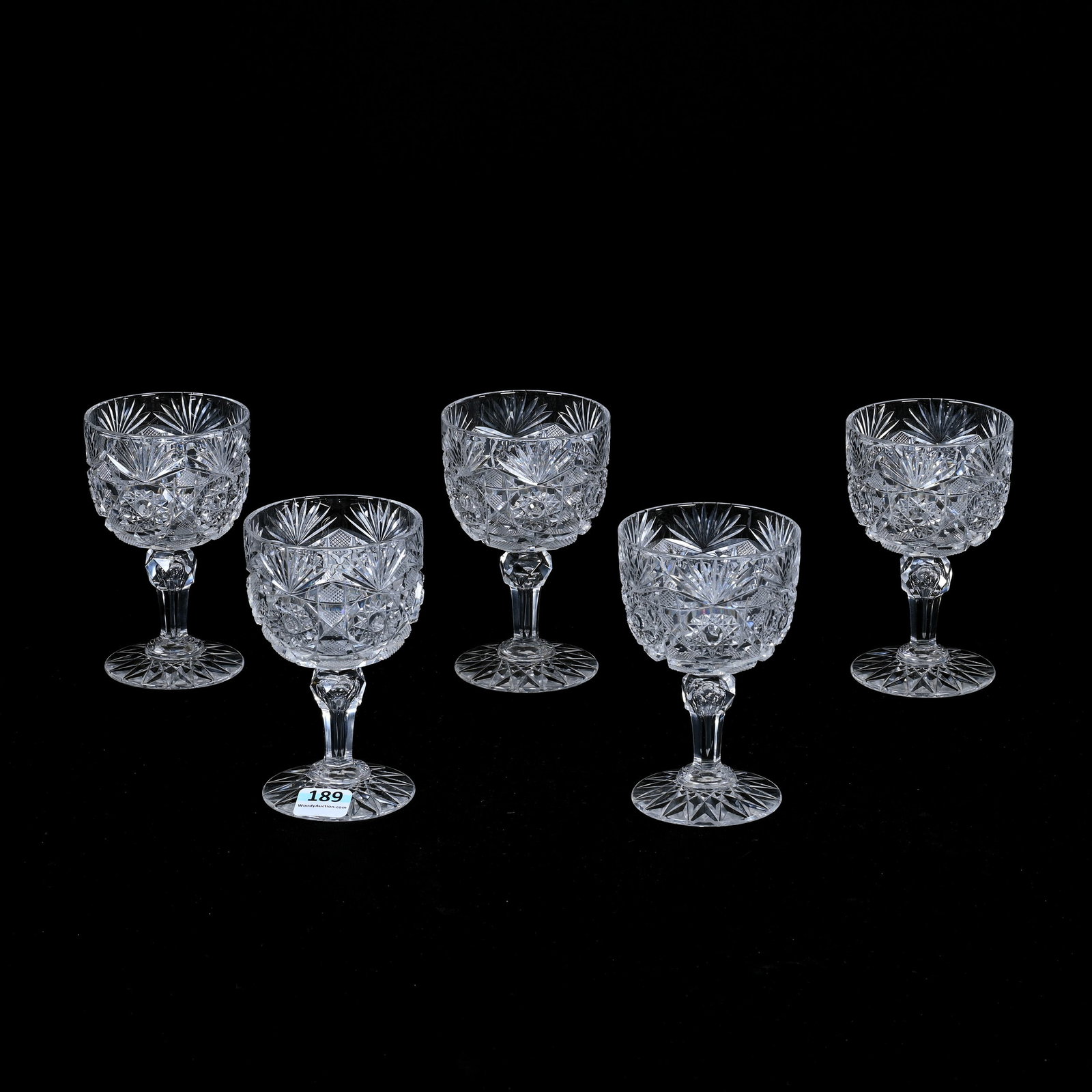 (5) Wine Stems, ABCG, Electra Pattern By Straus: (5) Wine Stems, American Brilliant Cut Glass, Electra Pattern By Straus, 4.5" x 3", Hobstar Foot, Warren & Teddie Biden Collection.