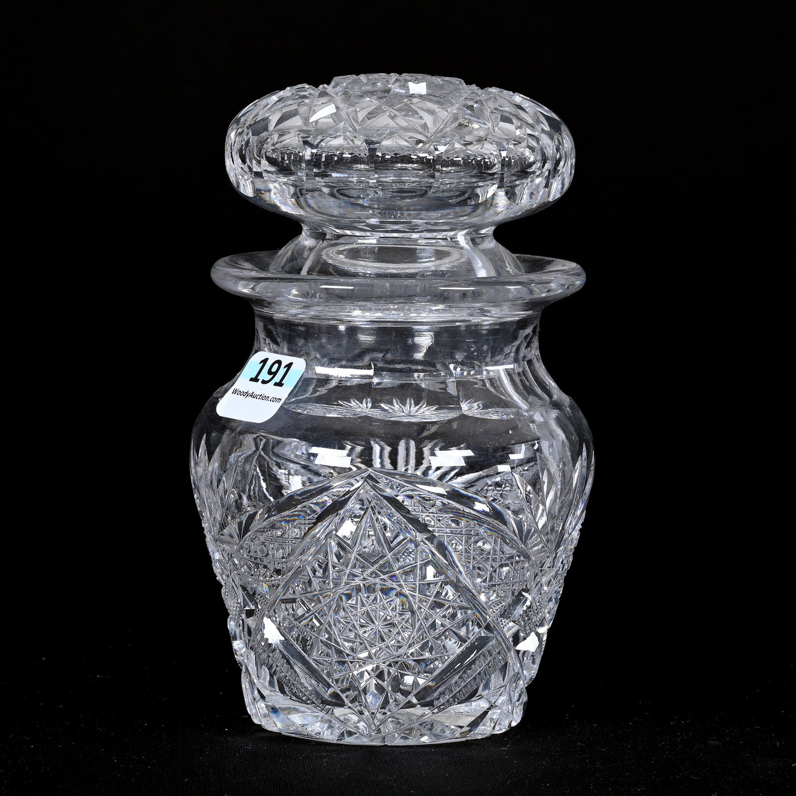 Cherry Jar, American Brilliant Cut Glass: Cherry Jar, American Brilliant Cut Glass, 5.5" x 3.5", Hobstar, Vesica, Cane, Strawberry Diamond And Fan Motif, Hobstar Cut Lid, Ray Cut Base, Rim Chip On Lid, Warren & Teddie Biden Collection.