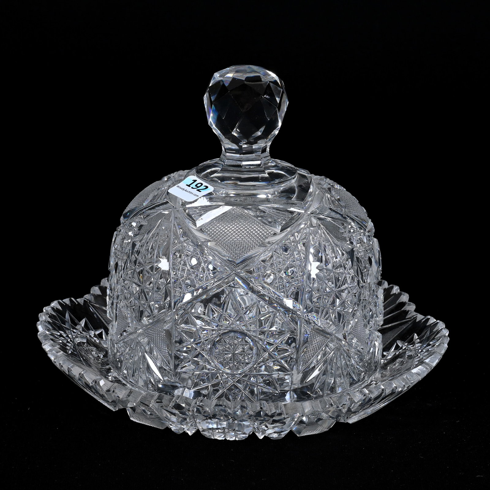 Covered Cheese Dish, American Brilliant Cut Glass: Covered Cheese Dish, American Brilliant Cut Glass, 7" x 8.75", Hobstar, Cane, Strawberry Diamond And Fan Motif, Matching Underplate, Warren & Teddie Biden Collection.