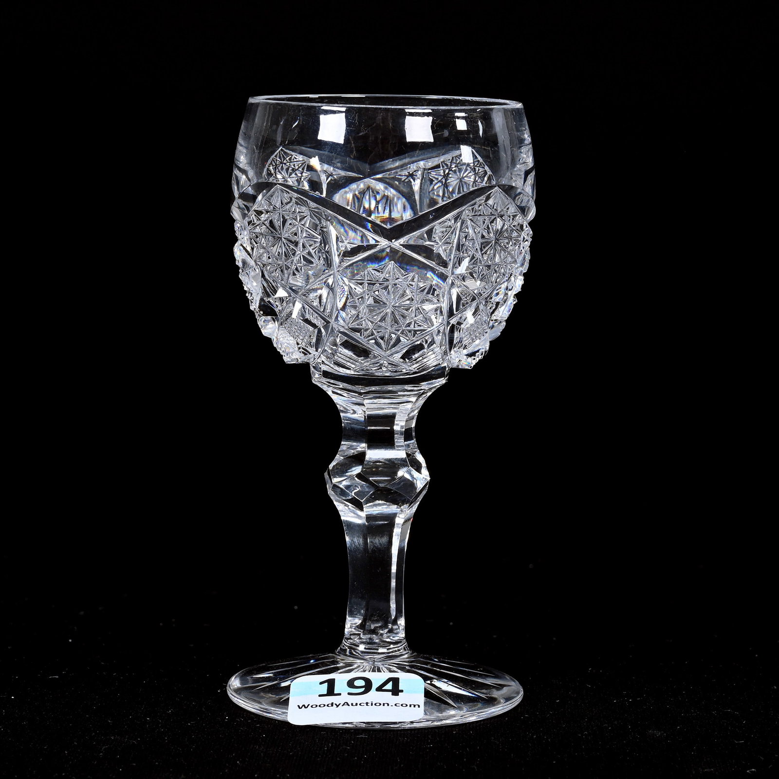 Cordial Stem, American Brilliant Cut Glass: Cordial Stem, American Brilliant Cut Glass, 4" x 2", Hobstar Motif, Facet Cut Knob Stem, Ray Cut Foot, Warren & Teddie Biden Collection.