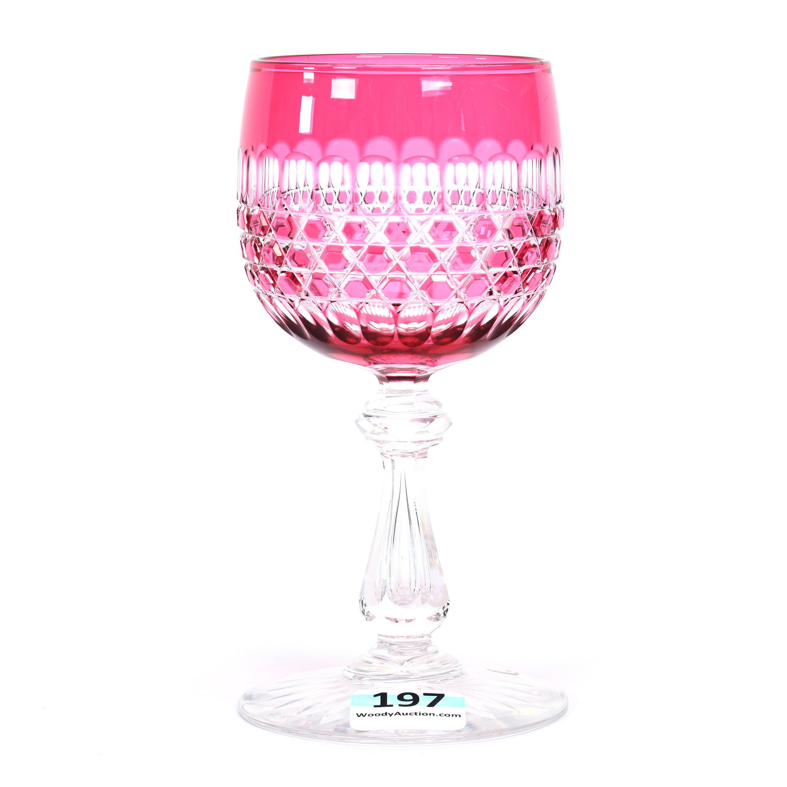Wine Stem, BPCG, Cranberry Cut To Clear: Wine Stem, Brilliant Period Cut Glass, Cranberry Cut To Clear, 5" x 2.5", Hob Diamond And Punty Motif, Teardrop Stem, Ray Cut Foot, Tiny Rim Pin Prick, Warren & Teddie Biden Collection.