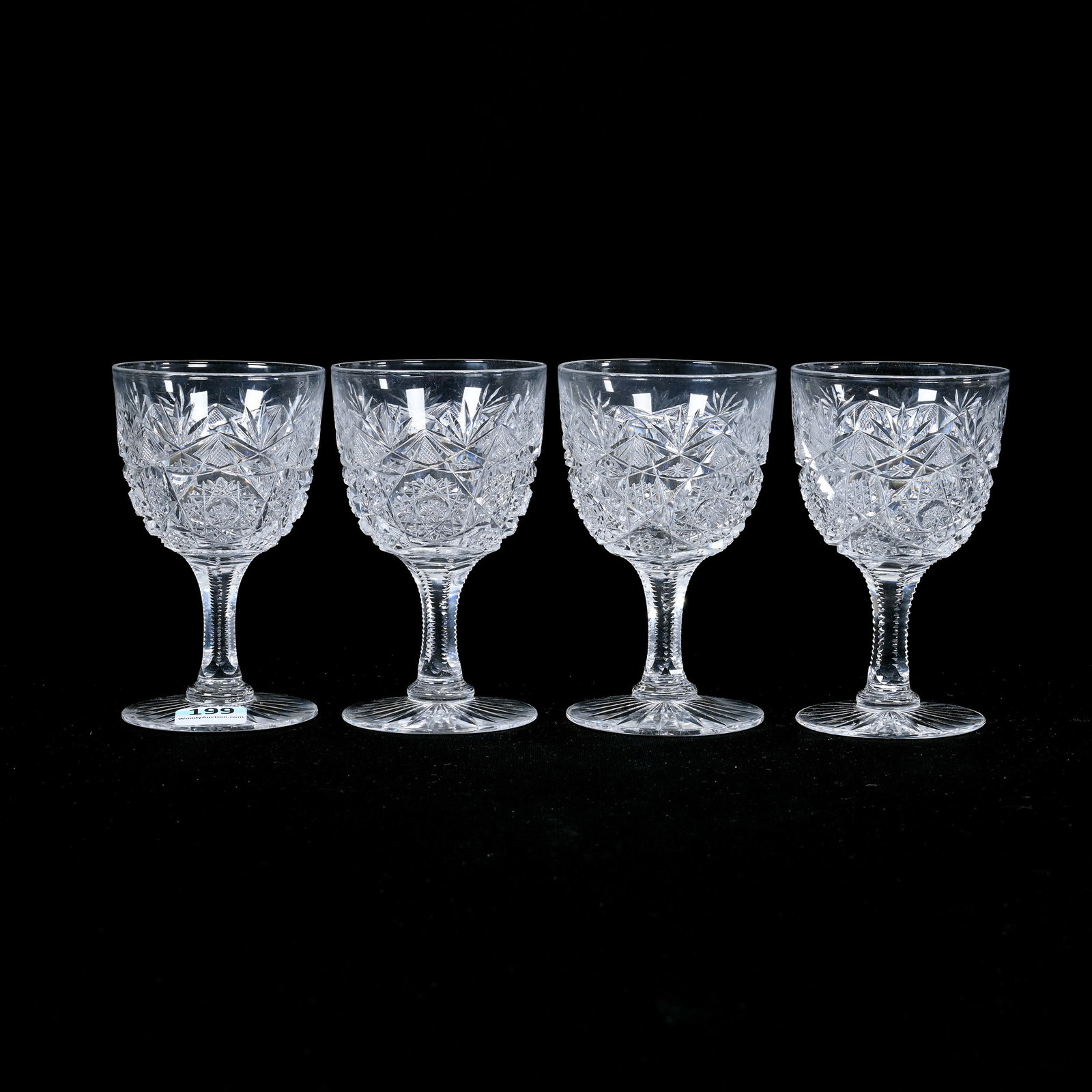(4) Wine Stems, American Brilliant Cut Glass: (4) Wine Stems, American Brilliant Cut Glass, 4.5" x 2.5", Hobstar, Nailhead Diamond, Strawberry Diamond, Star And Fan Motif, Warren & Teddie Biden Collection.