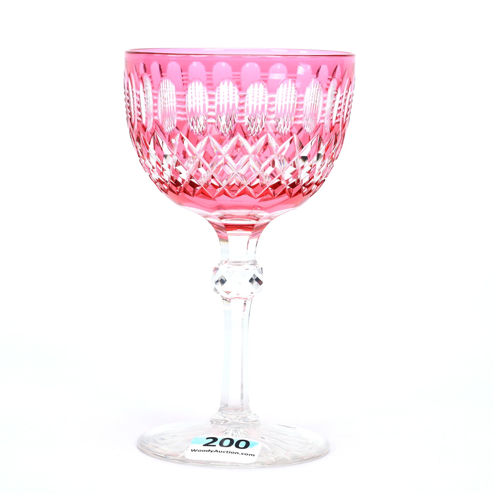 Wine Stem, BPCG, Cranberry Cut To Clear: Wine Stem, Brilliant Period Cut Glass, Cranberry Cut To Clear, 5" x 2.75", Diamond And Punty Motif, Facet Cut Knob Stem, Ray Cut Foot, Warren & Teddie Biden Collection.