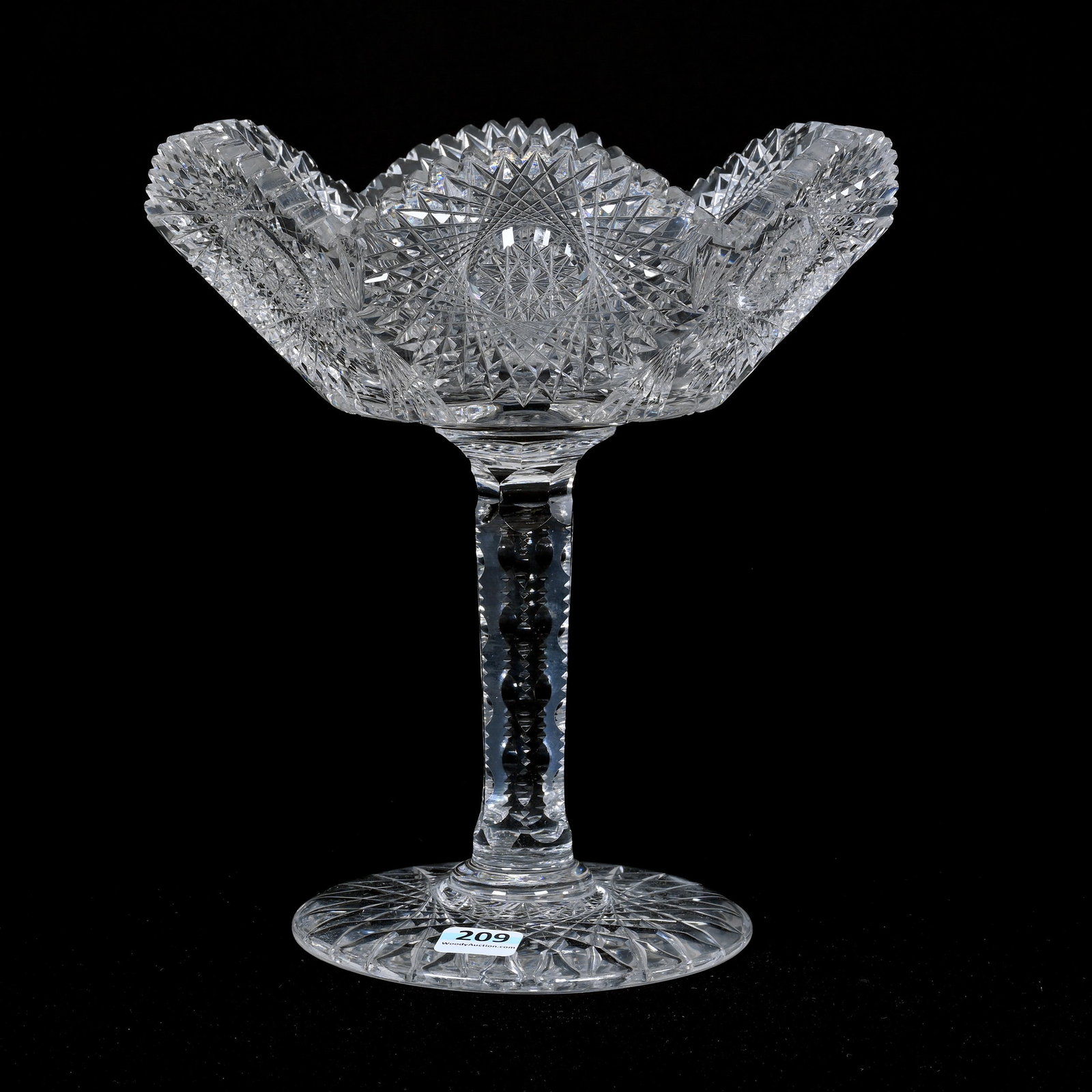 Compote, American Brilliant Cut Glass: Compote, American Brilliant Cut Glass, 9" x 8", Six-Sided, Hobstar And Fan Motif, Solid Notched Stem, Hobstar Foot, Two Outside Rim Chips, Three Tooth Chips, Ruth & Charles Kwartler Collection.