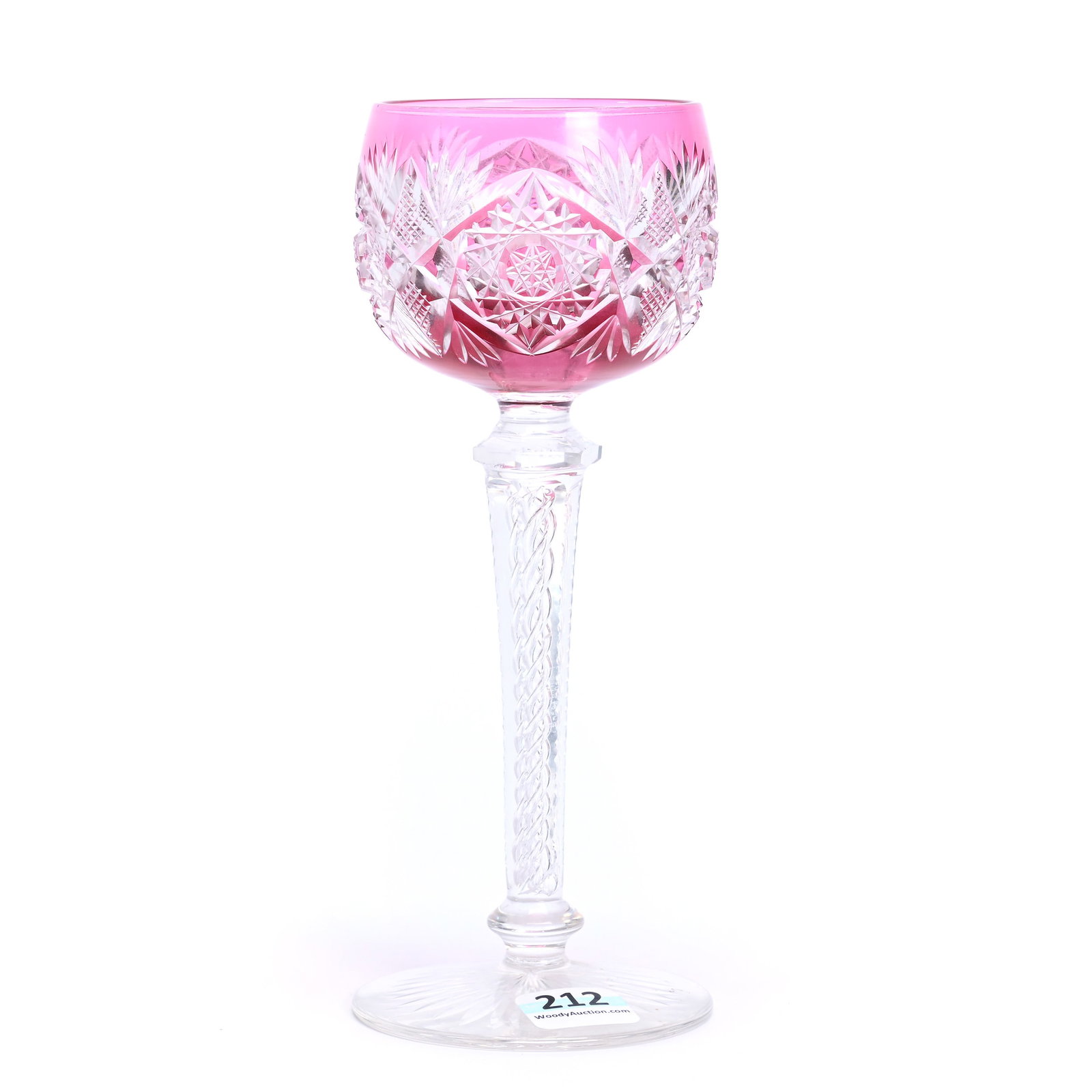 Wine Stem, BPCG, Cranberry Cut To Clear: Wine Stem, Brilliant Period Cut Glass, Cranberry Cut To Clear, 7.25" x 2.75", Hobstar, Strawberry Diamond And Fan Motif, Air Twist Stem, Ray Cut Foot, Ruth & Charles Kwartler Collection.