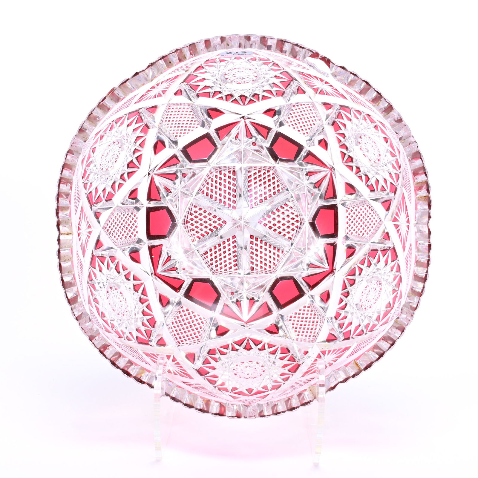 Bowl, BPCG, Red Cut To Clear: Bowl, Brilliant Period Cut Glass, Red Cut To Clear, 4.75" x 10", Six Sections Of Hobstar, Diamond And Star Motif, Serious Interior Rim Chip, Outside Surface Chip Repair, Ruth & Charles Kwartler Collec