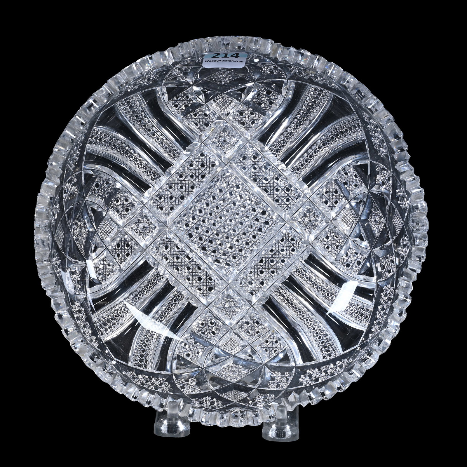 Bowl, American Brilliant Cut Glass: Bowl, American Brilliant Cut Glass, 2" x 8", Four Sections Of Nailhead Diamond, Cane, Tusk, Vesica, And Hobstar Motif, Clear Blank, Interior Rim Chip, Ruth & Charles Kwartler Collection.