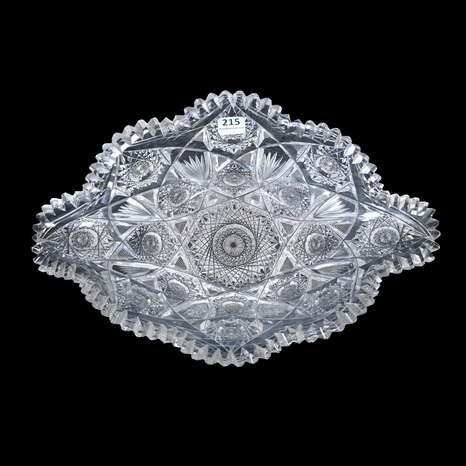 Napoleon Hat Bowl, American Brilliant Cut Glass: Napoleon Hat Bowl, American Brilliant Cut Glass, 4.25" x 13.25" x 8.75", Hobstar, Strawberry Diamond And Fan Motif, One Tooth With Side Chip, Ruth & Charles Kwartler Collection.