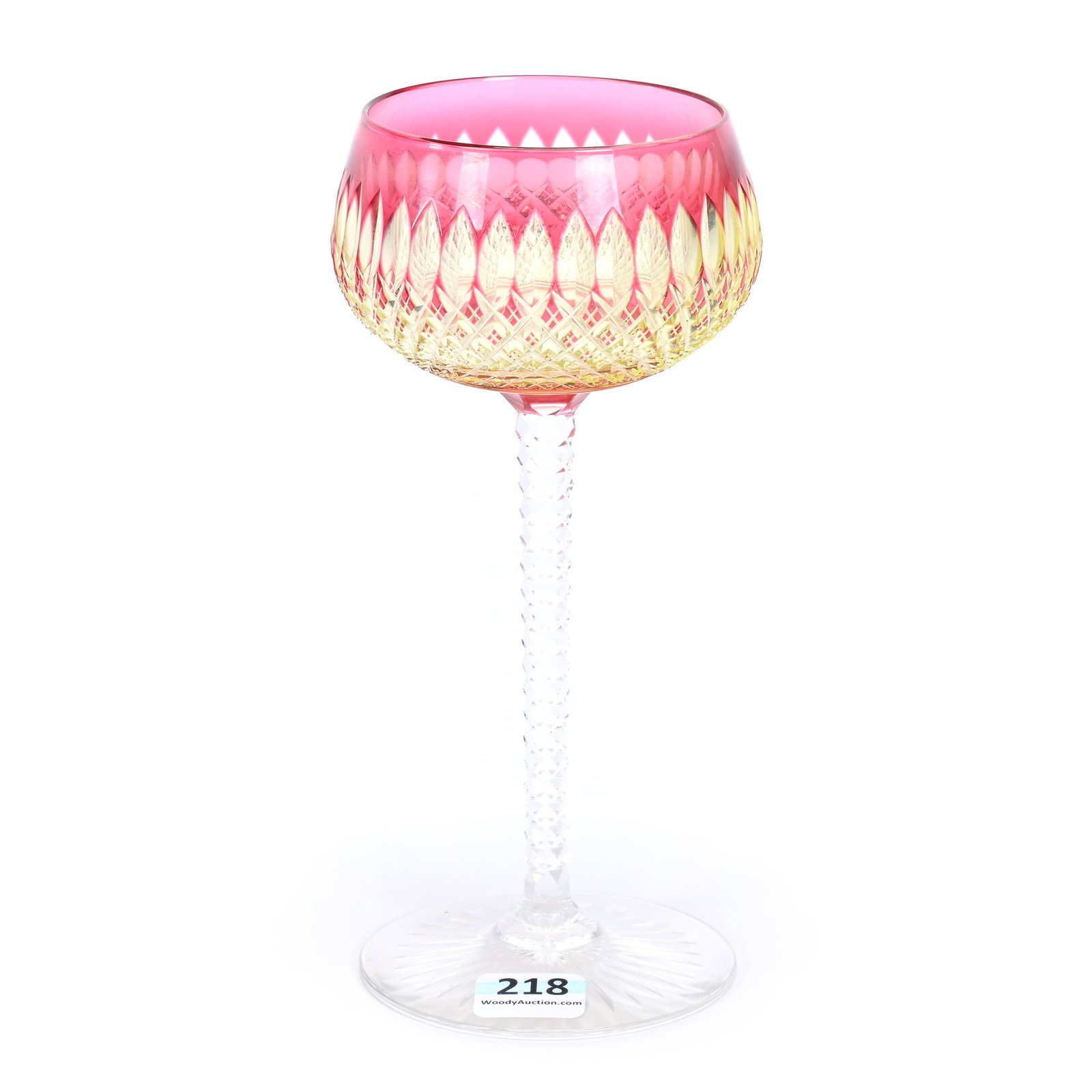 Wine Stem, BPCG, Cranberry Cut To Vaseline: Wine Stem, Brilliant Period Cut Glass, Cranberry Cut To Vaseline, 7" x 3.25", Boris Pattern By Val St. Lambert, Circa 1920, Diamond Cut Stem, Ray Cut Foot, Ruth & Charles Kwartler Collection.