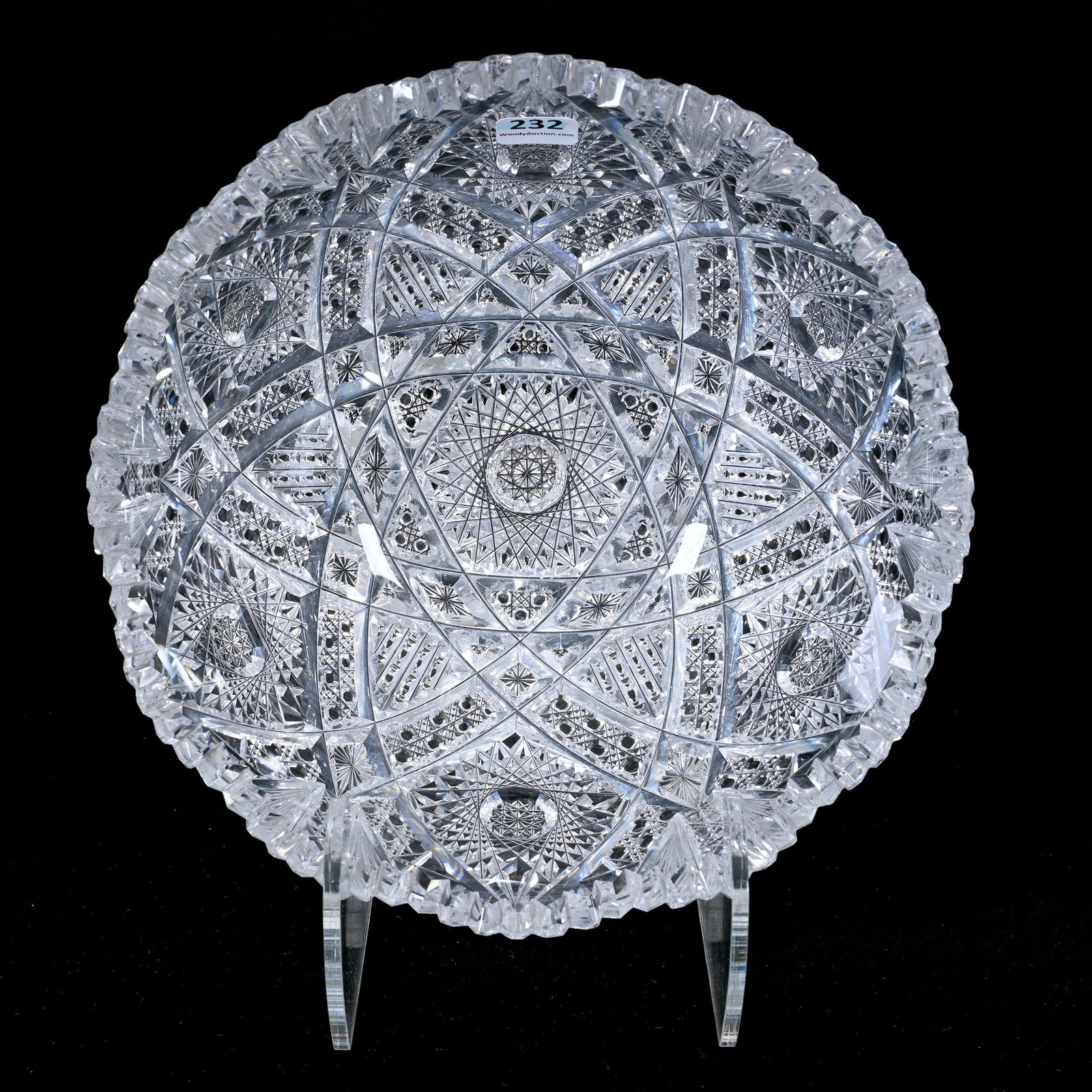 Bowl, American Brilliant Cut Glass: Bowl, American Brilliant Cut Glass, 4" x 9.25", Six Sections Of Hobstar, Cane, Vesica, Prism, Star And Fan Motif, One Serious Tooth Chip, Three Small Tooth Chips, Missouri Private Collection.