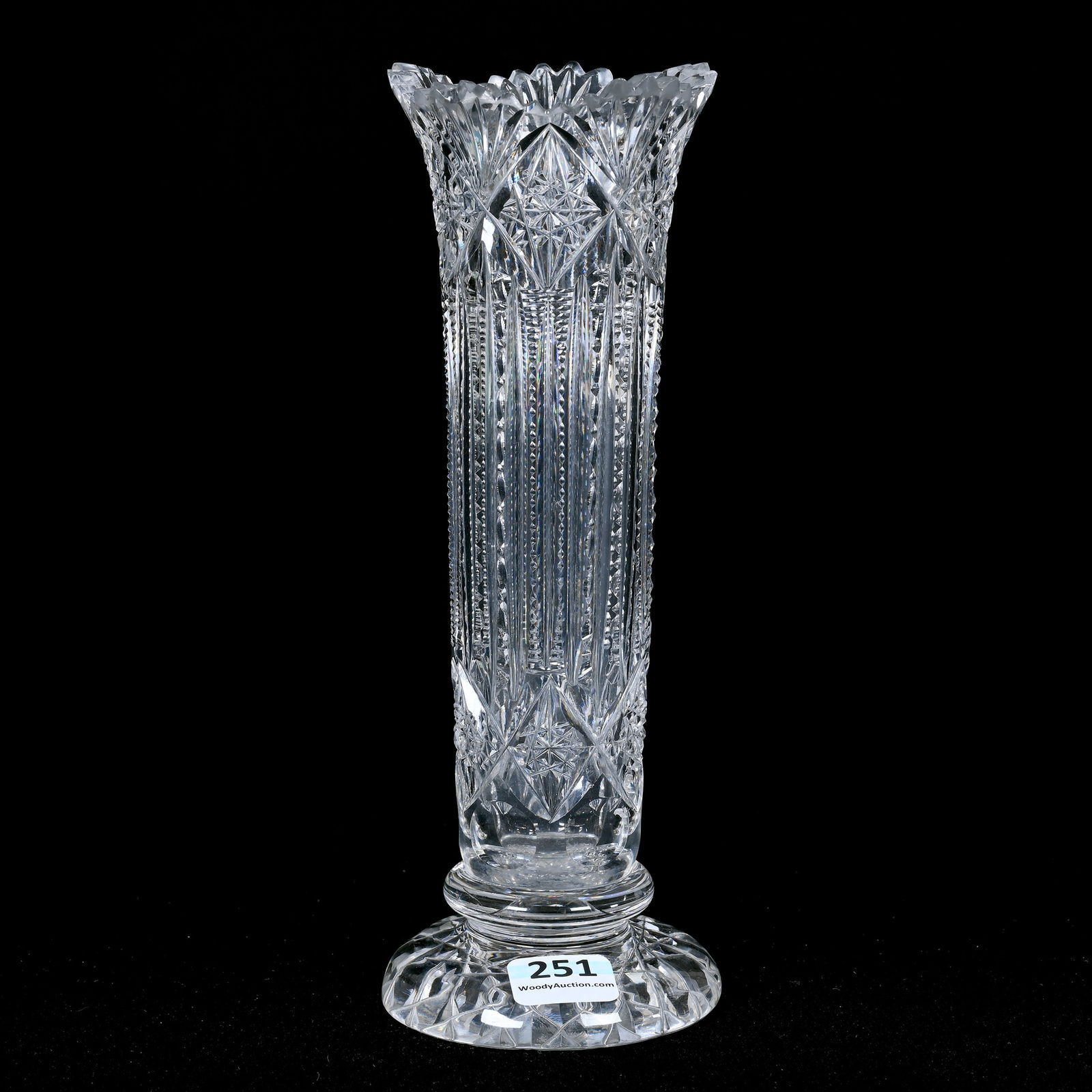 Footed Vase, American Brilliant Cut Glass: Footed Vase, American Brilliant Cut Glass, 8" x 3", Prism Cut Body, Hobstar Chain And Fan Border, Hobstar Foot, One Outside Rim Tooth Chip, Missouri Private Collection.