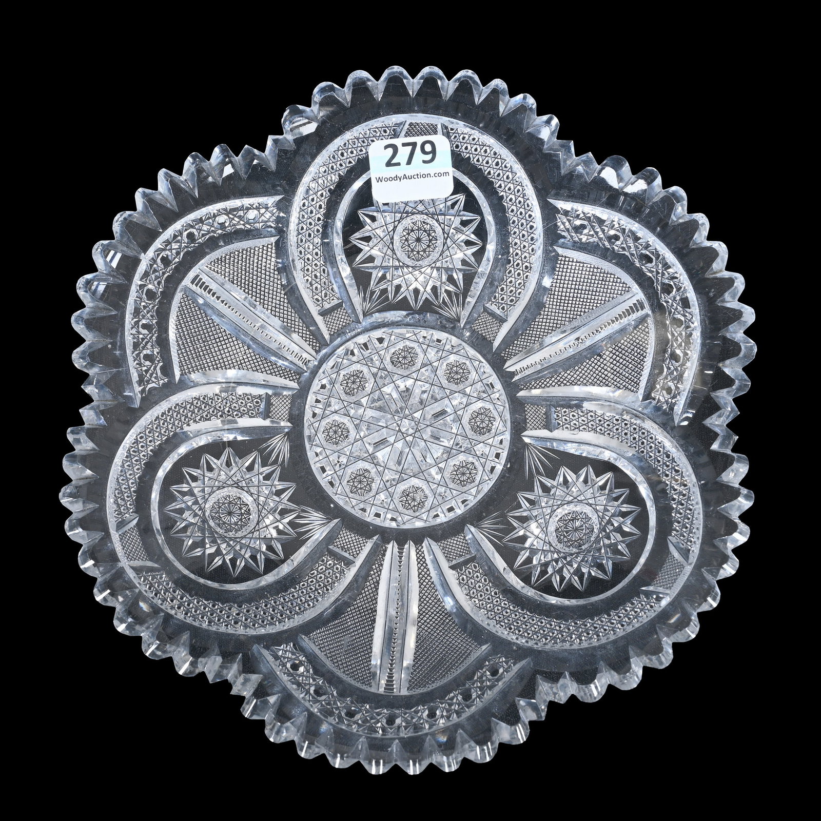 Plate, American Brilliant Cut Glass: Plate, American Brilliant Cut Glass, 7.25", Three Sections Of Hobstar, Nailhead Diamond, Strawberry Diamond, Cane And Horseshoe Design With Hobstar Cluster Center, One Tooth Has Minor Chip, Missouri P