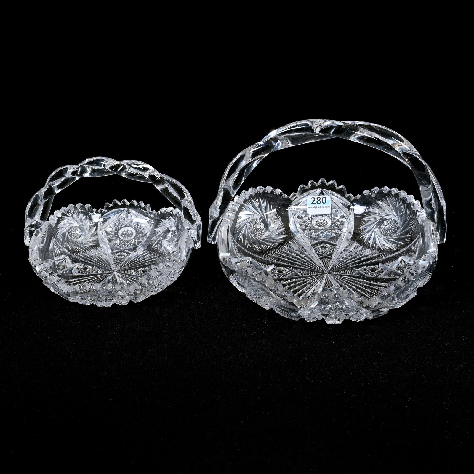 (2) Handled Baskets, ABCG, Ozone Pattern: (2) Handled Baskets, American Brilliant Cut Glass, Ozone Pattern, By Walsh, Hobstar, Pinwheel And Prism Motif, (1) 6" x 8", (1) 4.5" x 6", Tooth Chip, Missouri Private Collection.