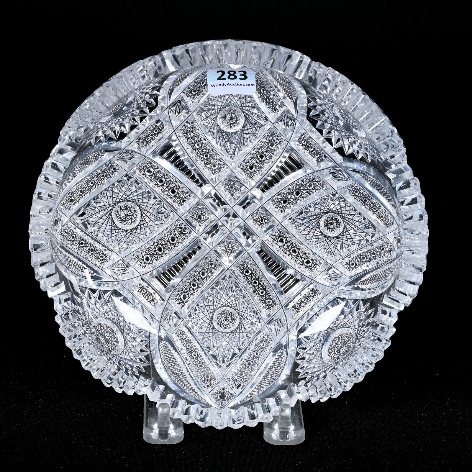 Bowl, American Brilliant Cut Glass: Bowl, American Brilliant Cut Glass, 1.75" x 7", Well Cut Hobstar, Vesica, Cane, Strawberry Diamond And Zipper Motif, Clear Blank, One Tooth With Side Chip, Missouri Private Collection.
