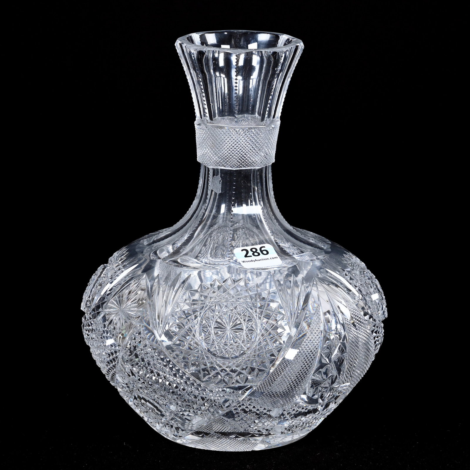 Carafe, ABCG, Holland Pattern By Clark: Carafe, American Brilliant Cut Glass, Holland Pattern By Clark, 8.5" x 6.5", Hobstar, Nailhead Diamond, Strawberry Diamond, Tusk, Star And Fan Motif, Strawberry Diamond Band Neck, Hobstar Base, Missou