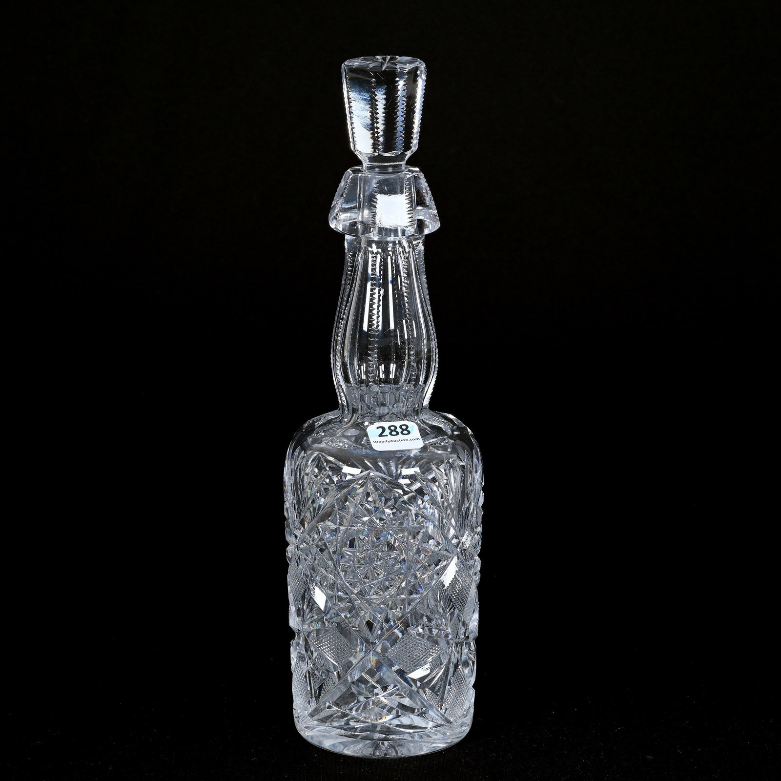 Whiskey Bottle, American Brilliant Cut Glass: Whiskey Bottle, American Brilliant Cut Glass, 12" x 3.5", Hobstar, Strawberry Diamond And Fan Motif, Ray Cut Base, Stopper With Rim Nick, Missouri Private Collection.
