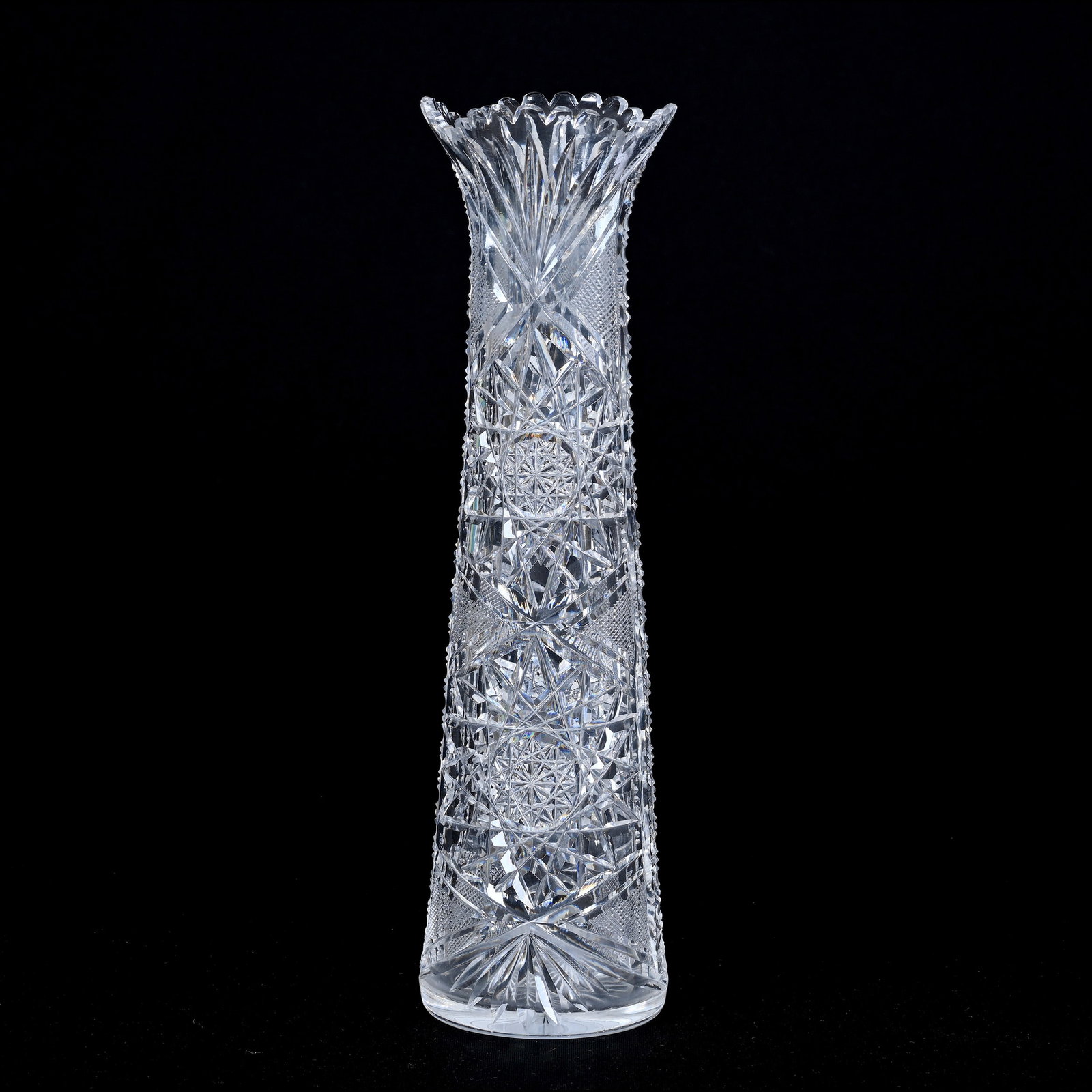Vase, American Brilliant Cut Glass: Vase, American Brilliant Cut Glass, 10" x 3.75", Hobstar, Strawberry Diamond, Prism And Fan Motif, Ray Cut Base, Some Tooth Chips, Missouri Private Collection.