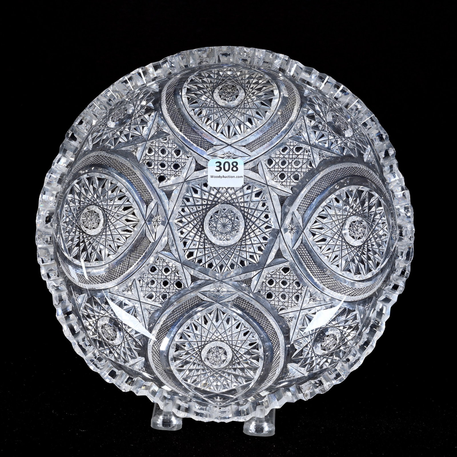 Bowl, American Brilliant Cut Glass: Bowl, American Brilliant Cut Glass, 2.25" x 9", Four Sections Of Hobstar, Cane, Vesica And Strawberry Diamond Motif, Multiple Tooth Chips, Missouri Private Collection.