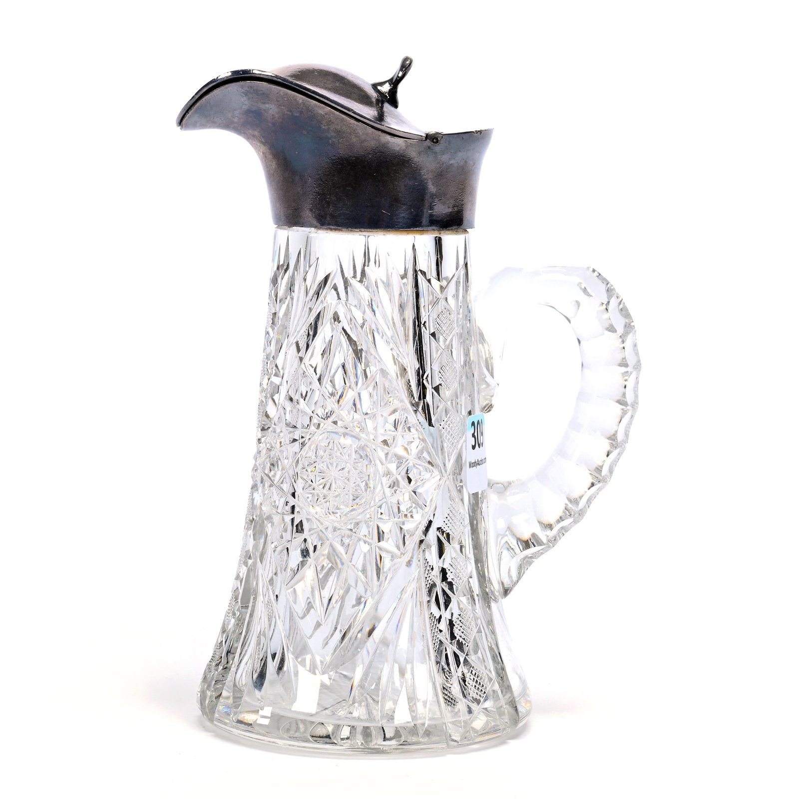 Syrup Pitcher, American Brilliant Cut Glass: Syrup Pitcher, American Brilliant Cut Glass, 6" x 4.5", Hobstar, Strawberry Diamond And Fan Motif, Silverplate Spout, Ray Cut Base, Handle Crack Near Point, Missouri Private Collection.