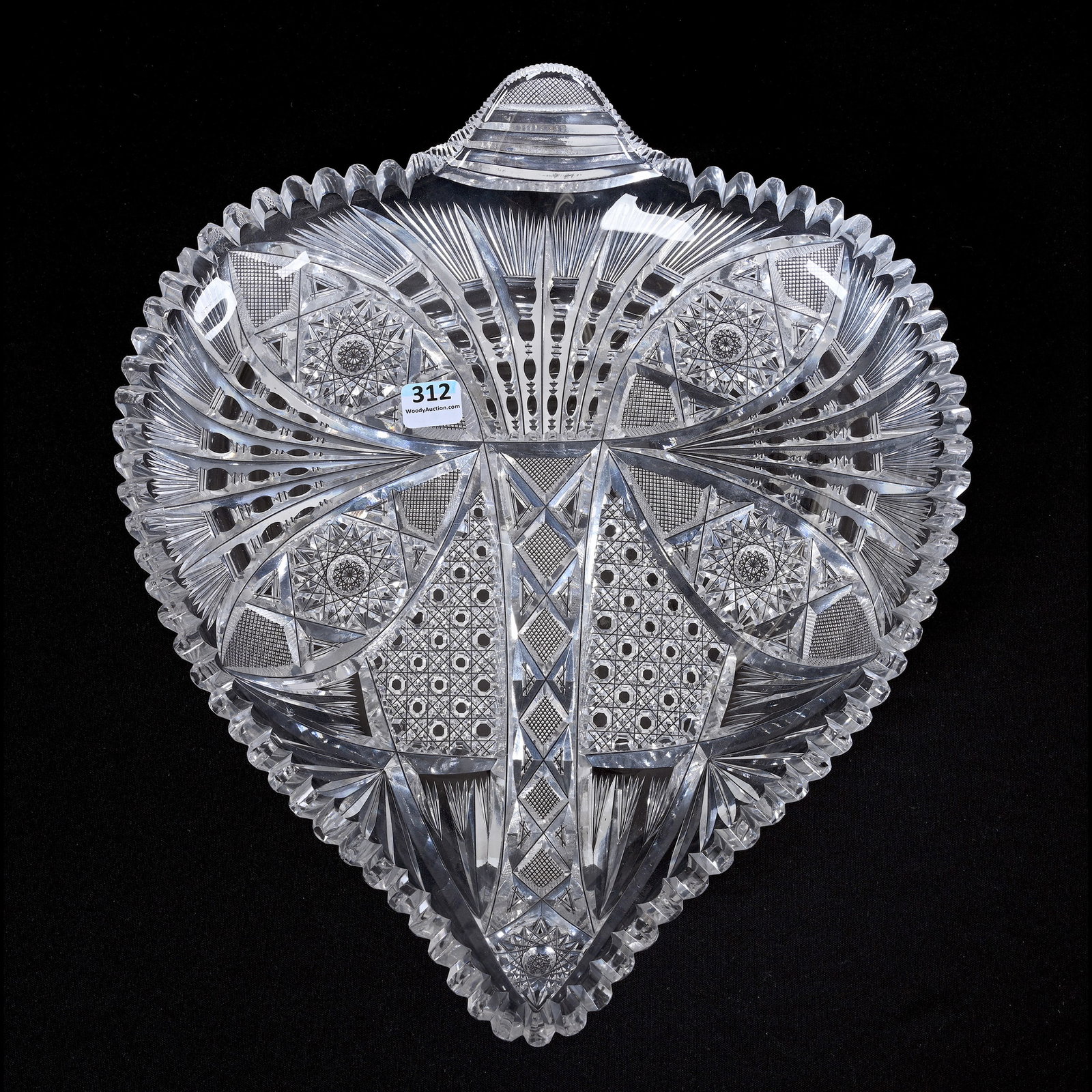 Tray, Heart Shape, ABCG: Tray, Heart Shape, American Brilliant Cut Glass, 13.5" x 12", Vesica, Cane, Prism, Strawberry Diamond, Hobstar And Fan Motif, Attributed To Fry, Four Tooth Chips, Missouri Private Collection.